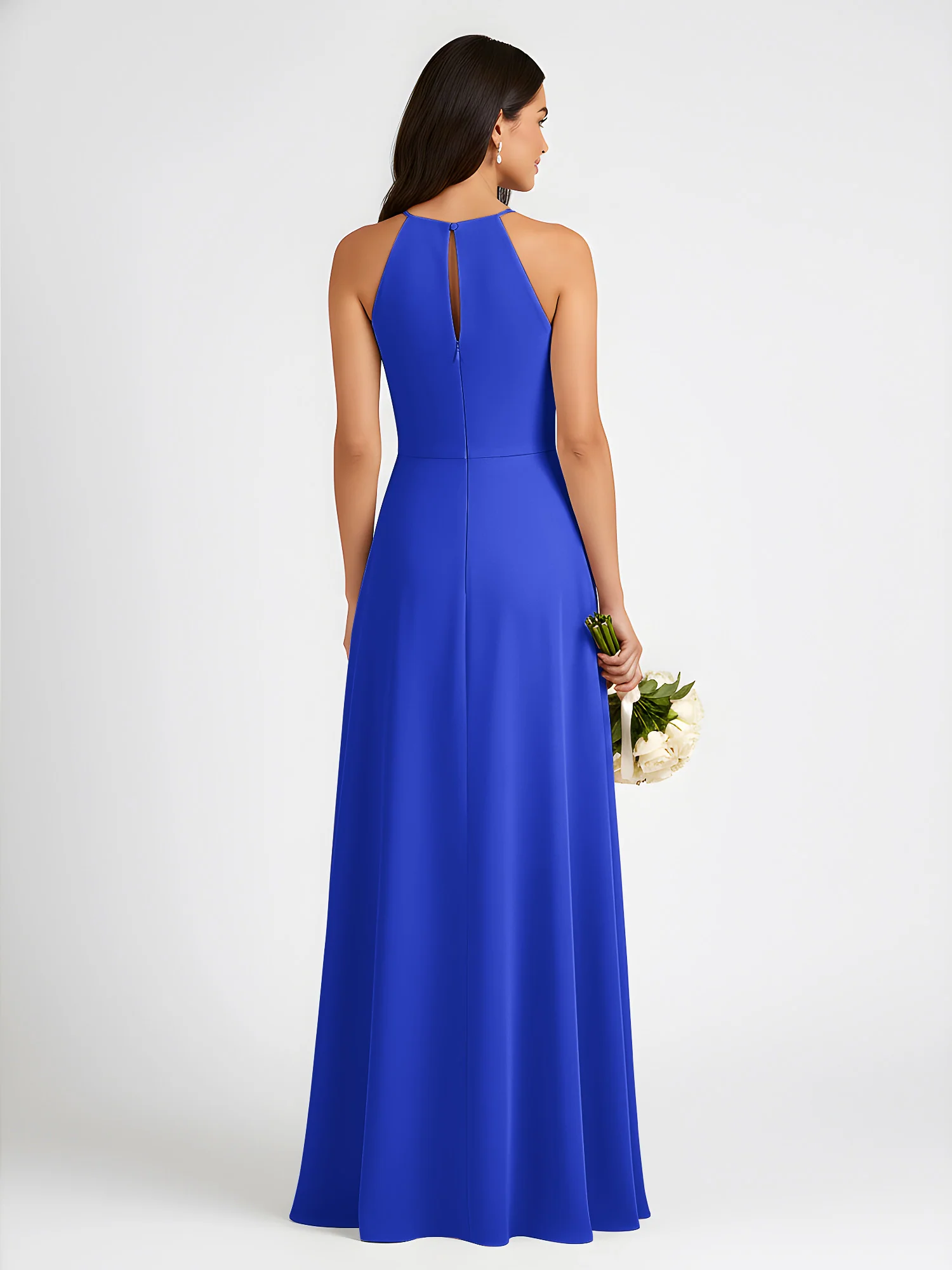A-Line Chiffon Sleeveless Bow Halter Neck Dresses Royal Blue - Image 2