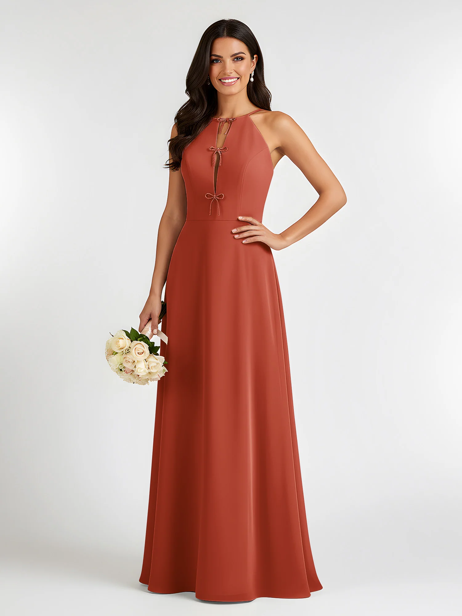 A-Line Chiffon Sleeveless Bow Halter Neck Dresses Rust