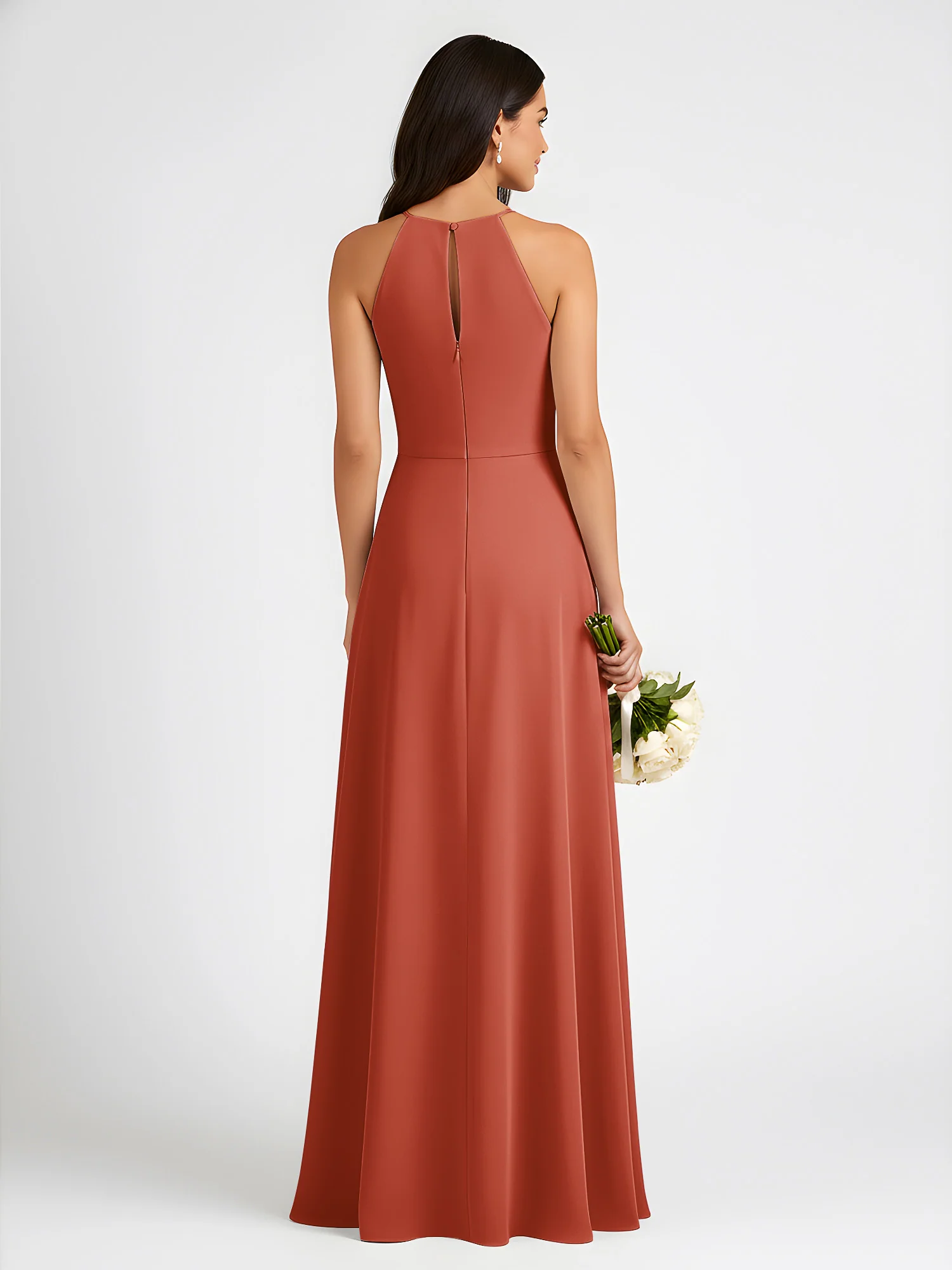 A-Line Chiffon Sleeveless Bow Halter Neck Dresses Rust - Image 2