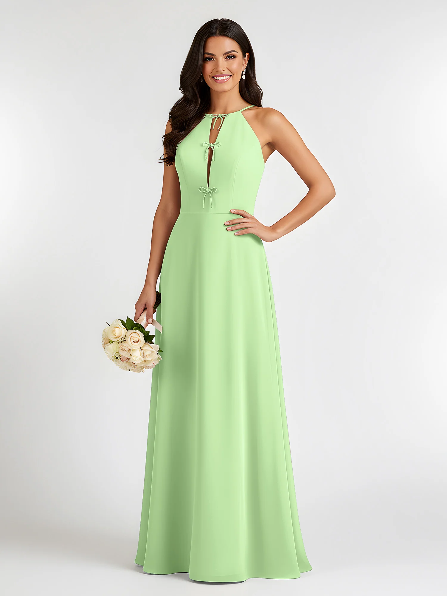 A-Line Chiffon Sleeveless Bow Halter Neck Dresses Sage