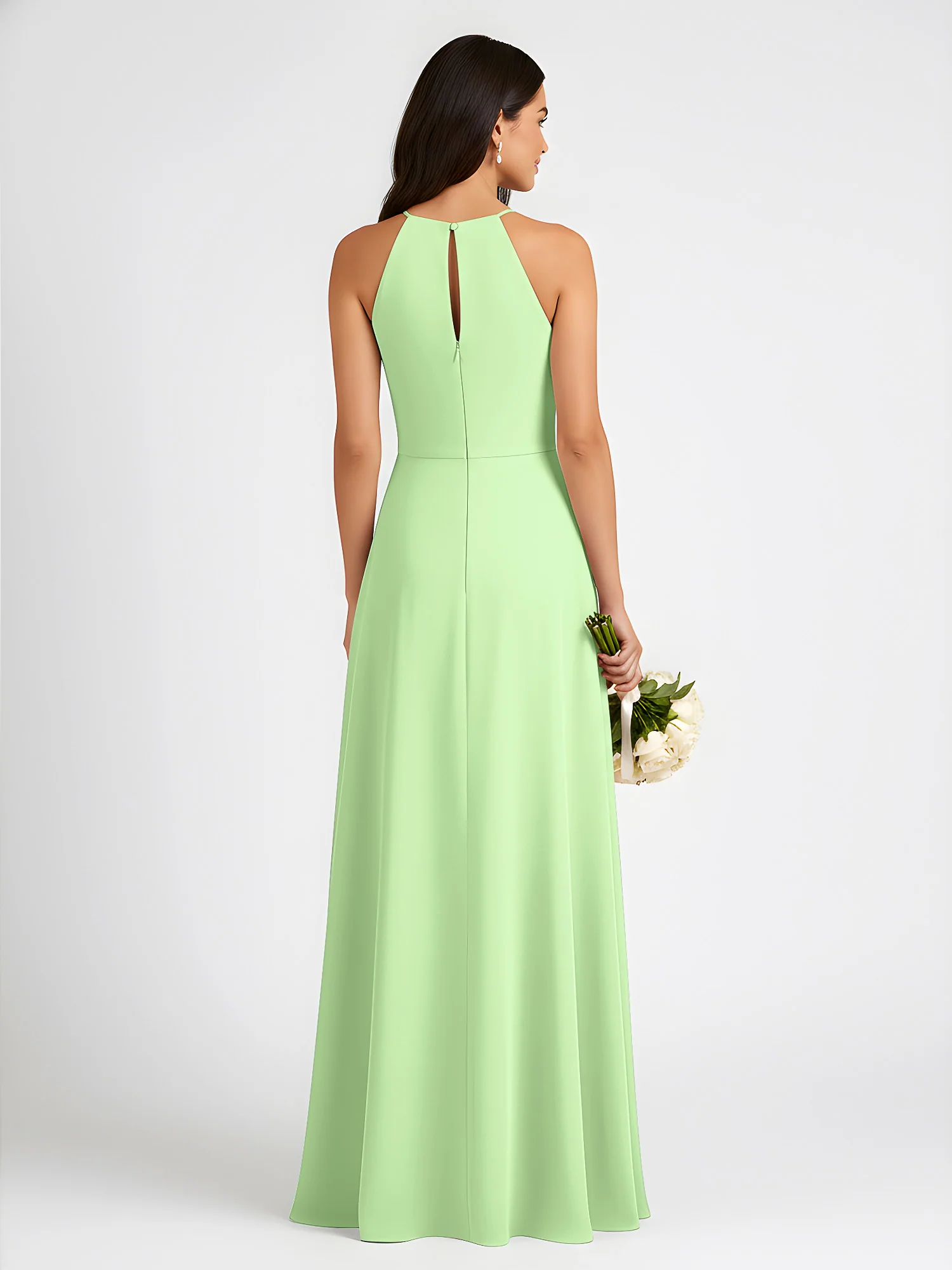 A-Line Chiffon Sleeveless Bow Halter Neck Dresses Sage - Image 2
