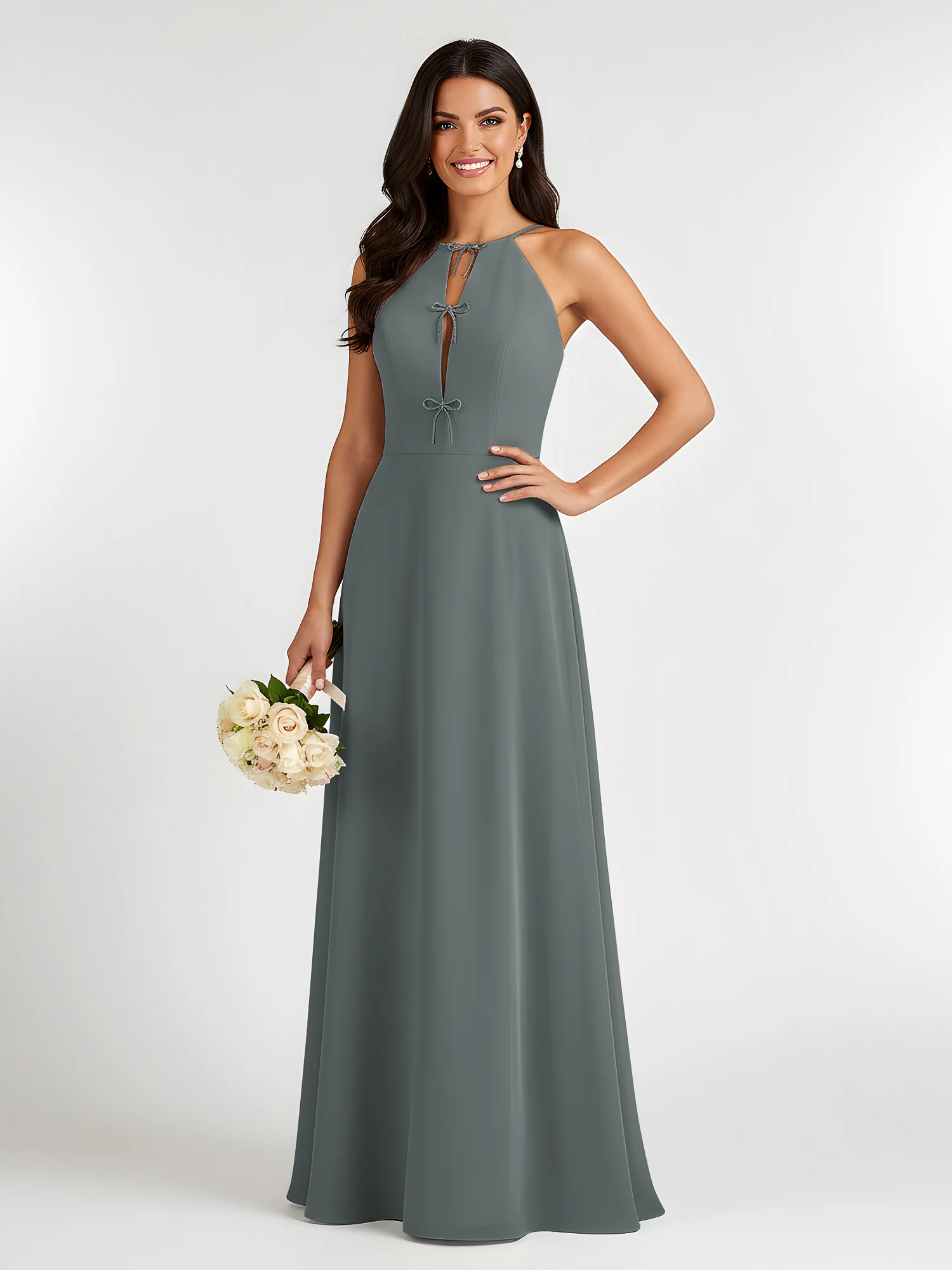 A-Line Chiffon Sleeveless Bow Halter Neck Dresses Steel Grey