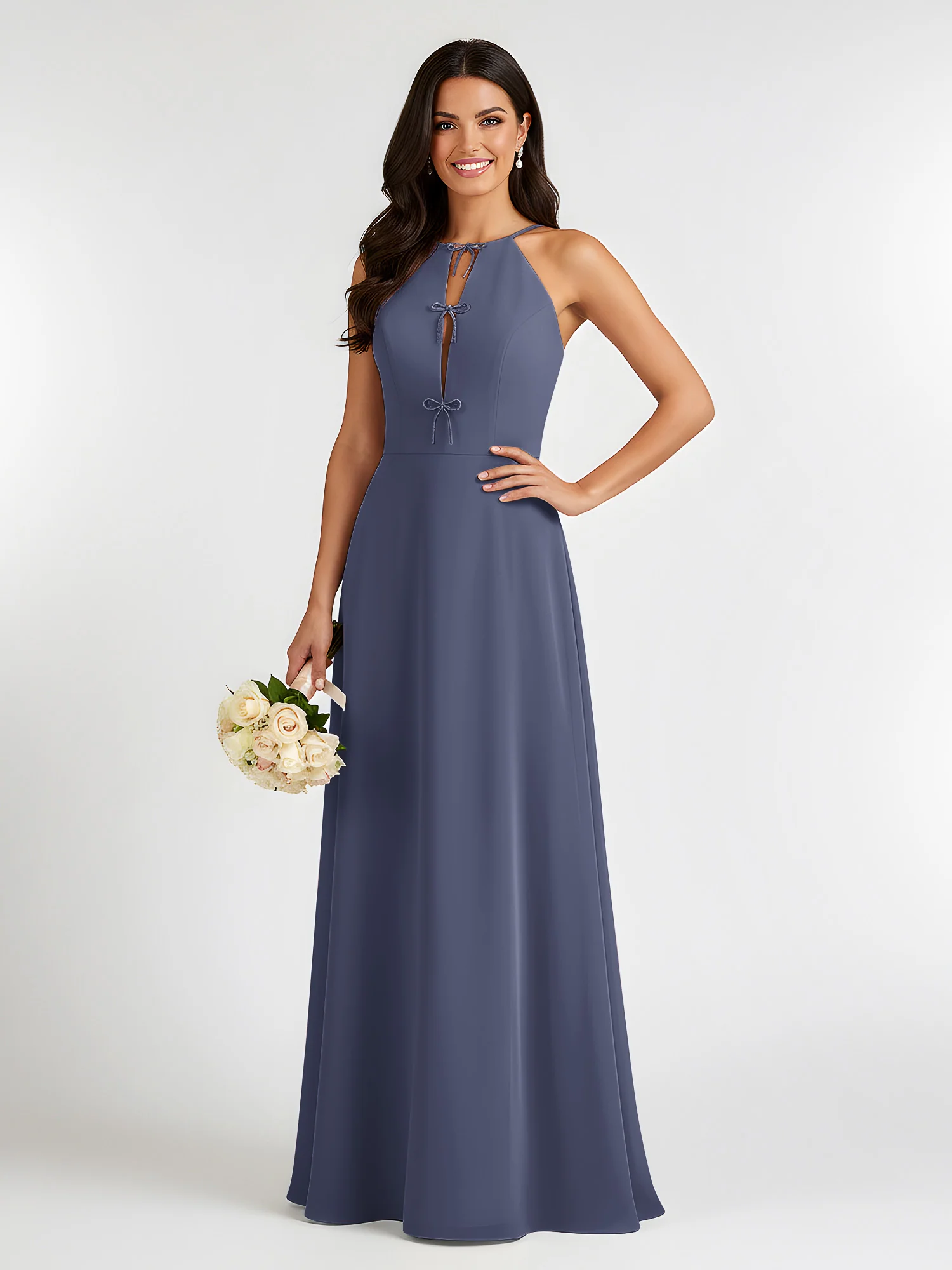 A-Line Chiffon Sleeveless Bow Halter Neck Dresses Stormy