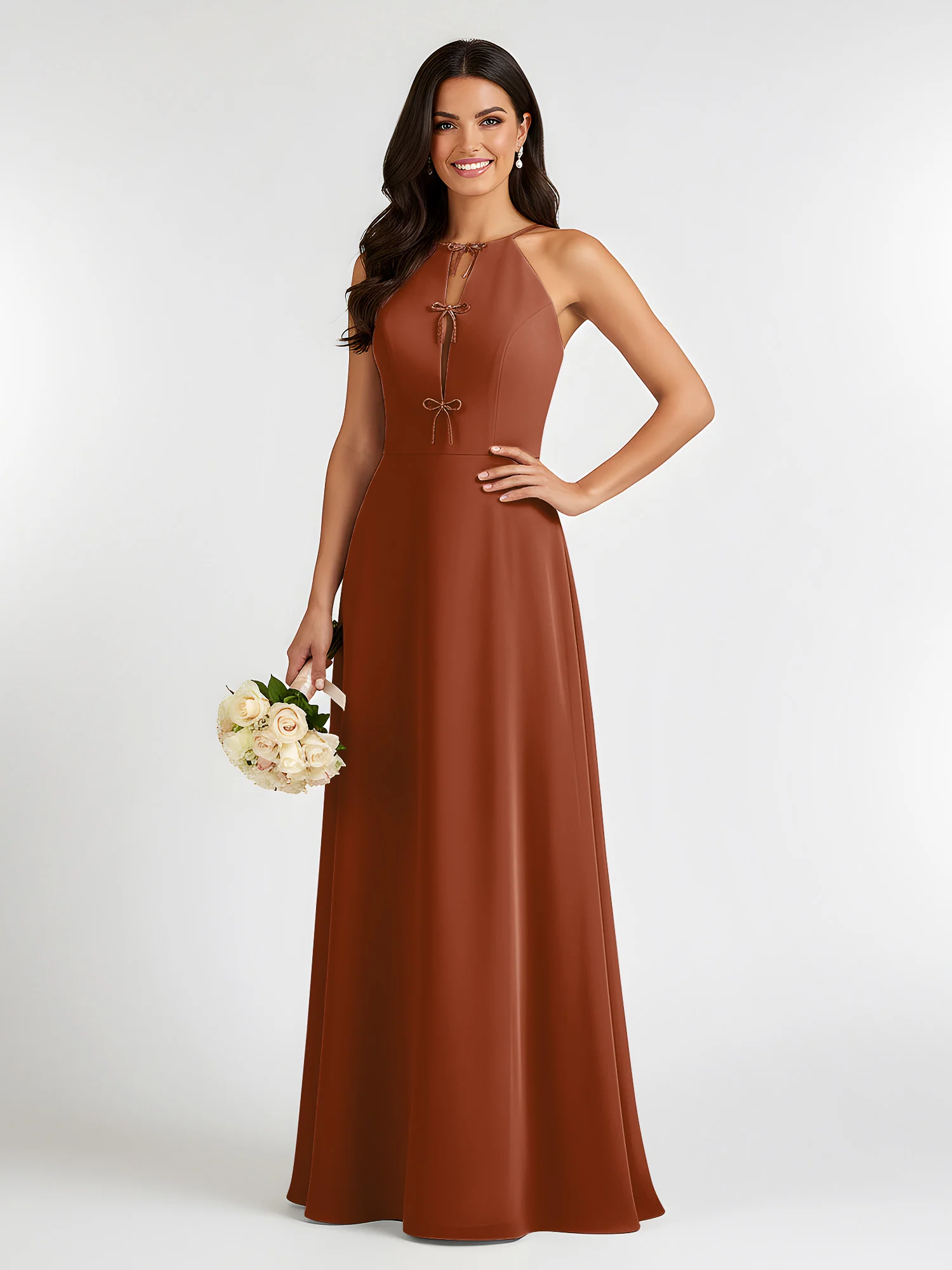 A-Line Chiffon Sleeveless Bow Halter Neck Dresses Terracotta