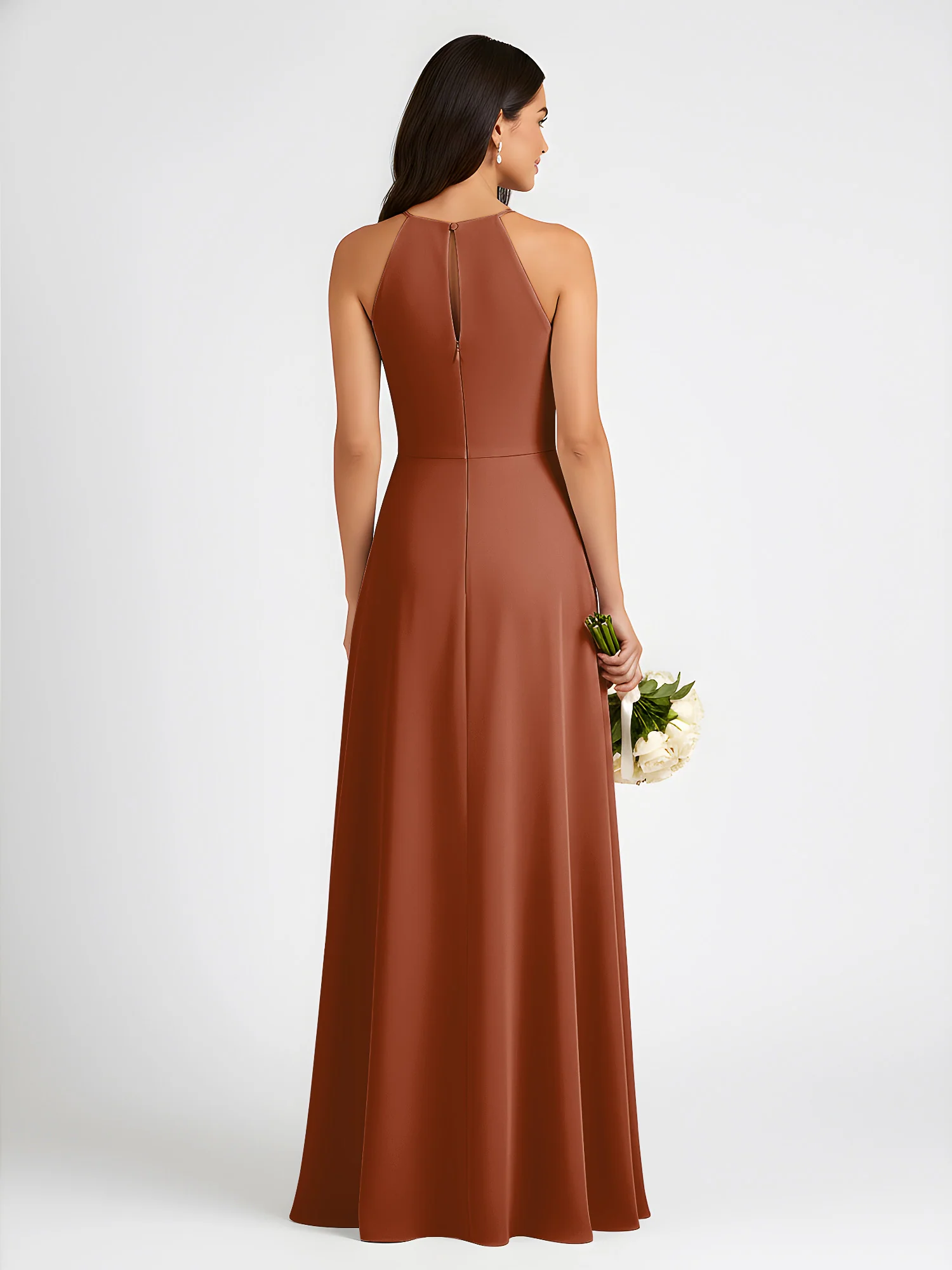 A-Line Chiffon Sleeveless Bow Halter Neck Dresses Terracotta - Image 2