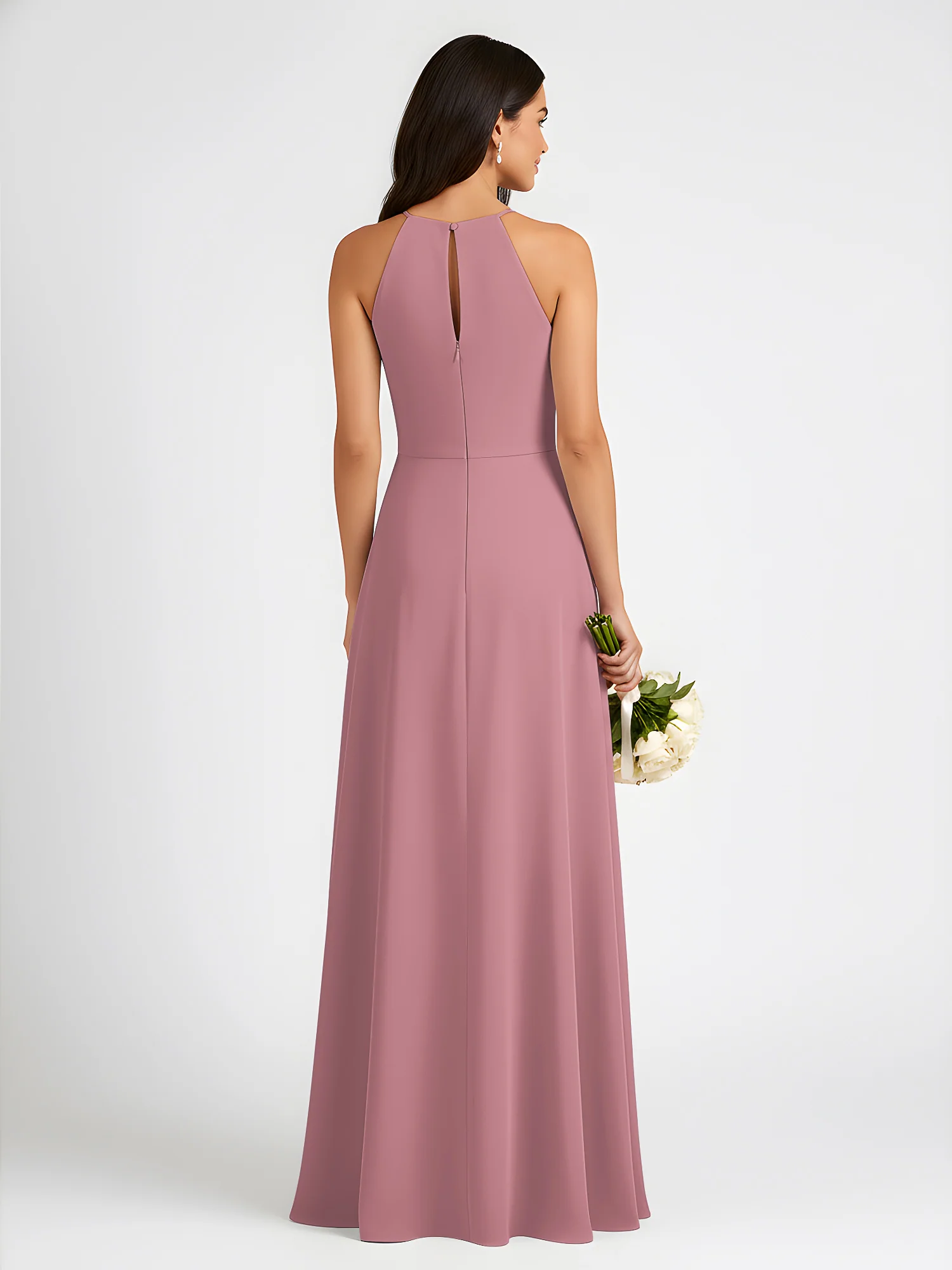 A-Line Chiffon Sleeveless Bow Halter Neck Dresses Vintage Mauve - Image 2