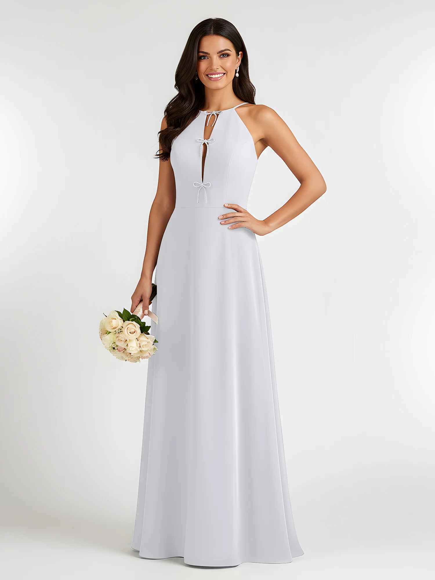 A-Line Chiffon Sleeveless Bow Halter Neck Dresses White