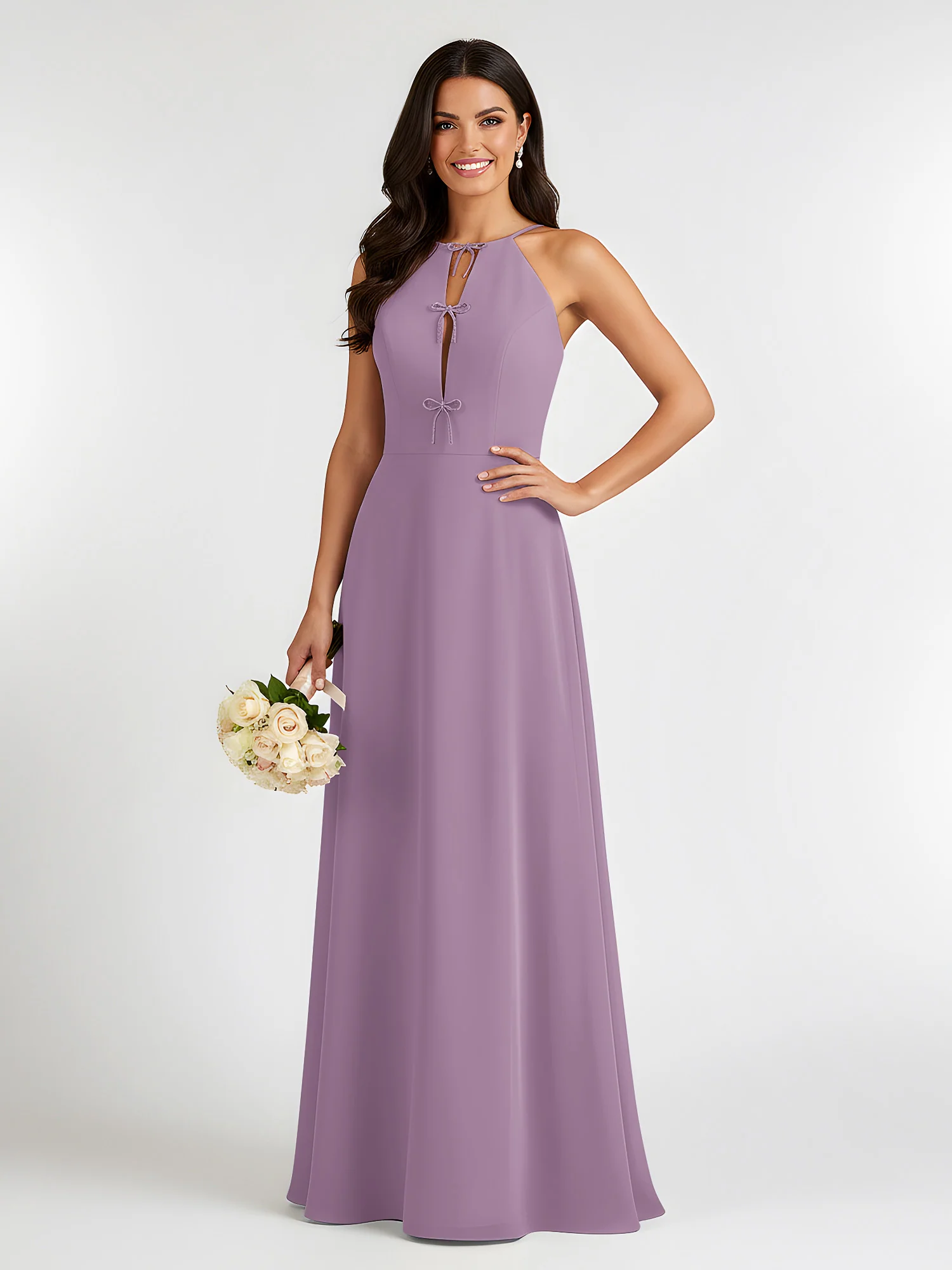 A-Line Chiffon Sleeveless Bow Halter Neck Dresses Wisteria