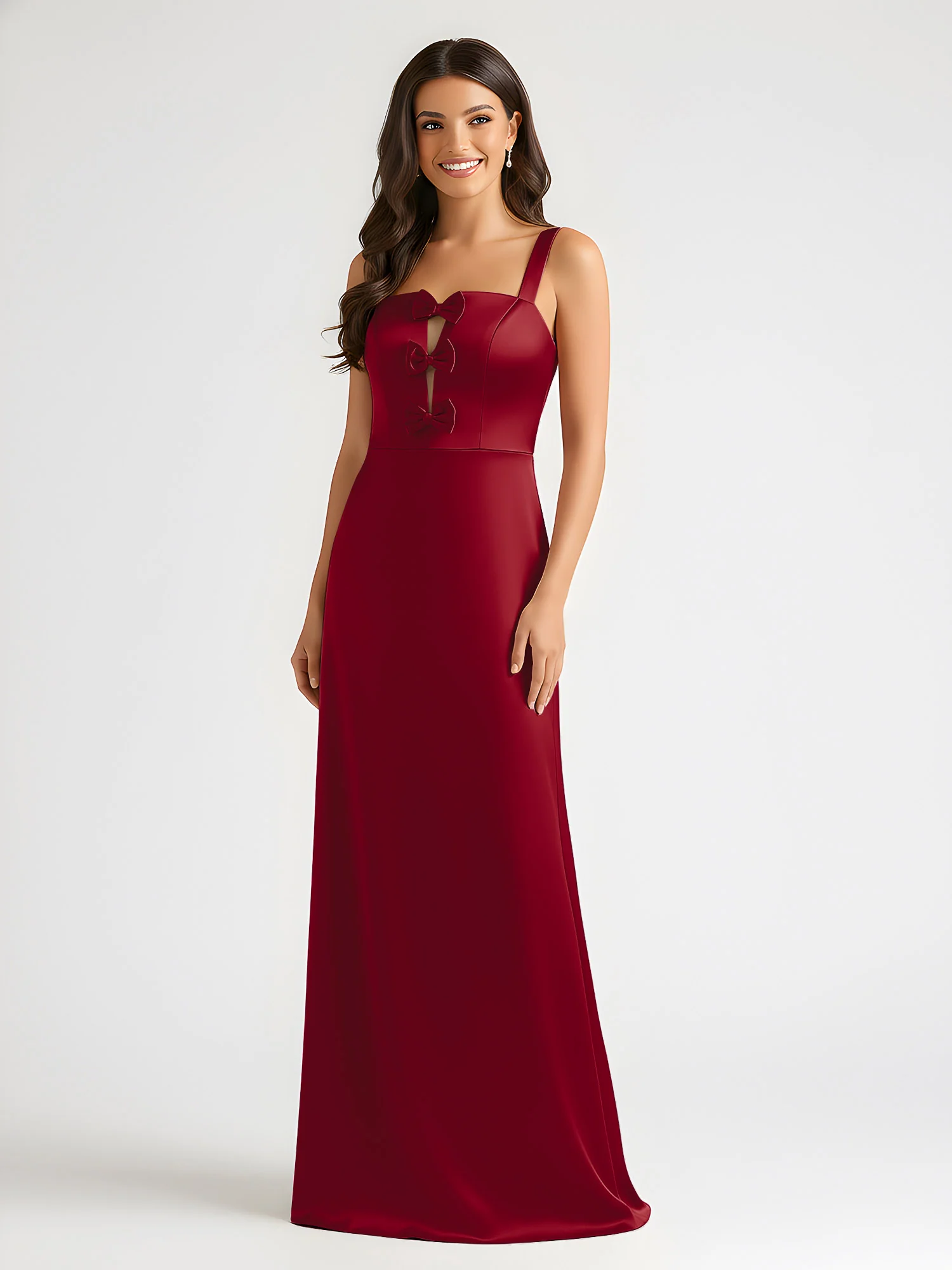 Square Neck Floor Length Open Back Bow Dresses Burgundy