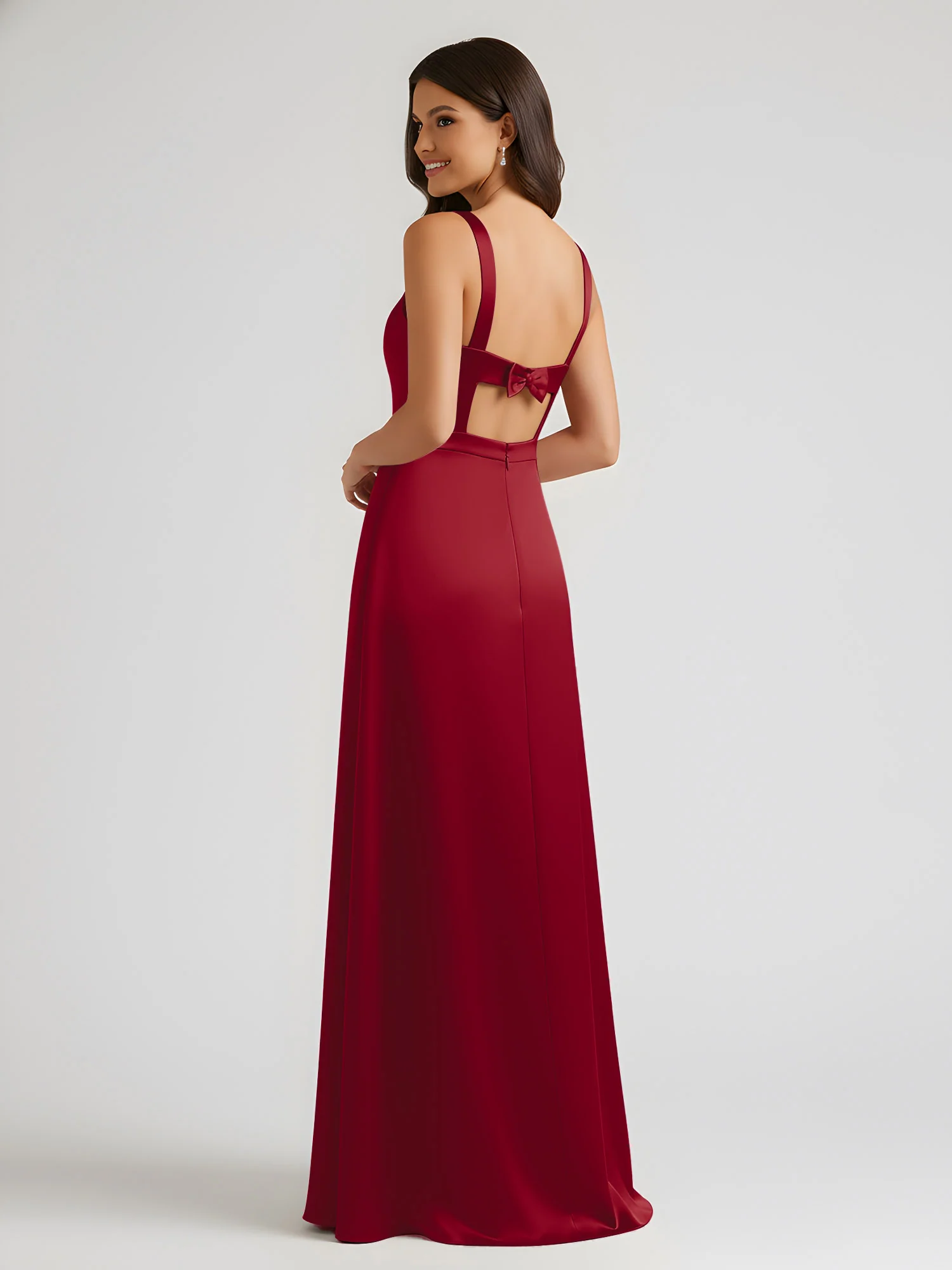 Square Neck Floor Length Open Back Bow Dresses Burgundy - Image 2