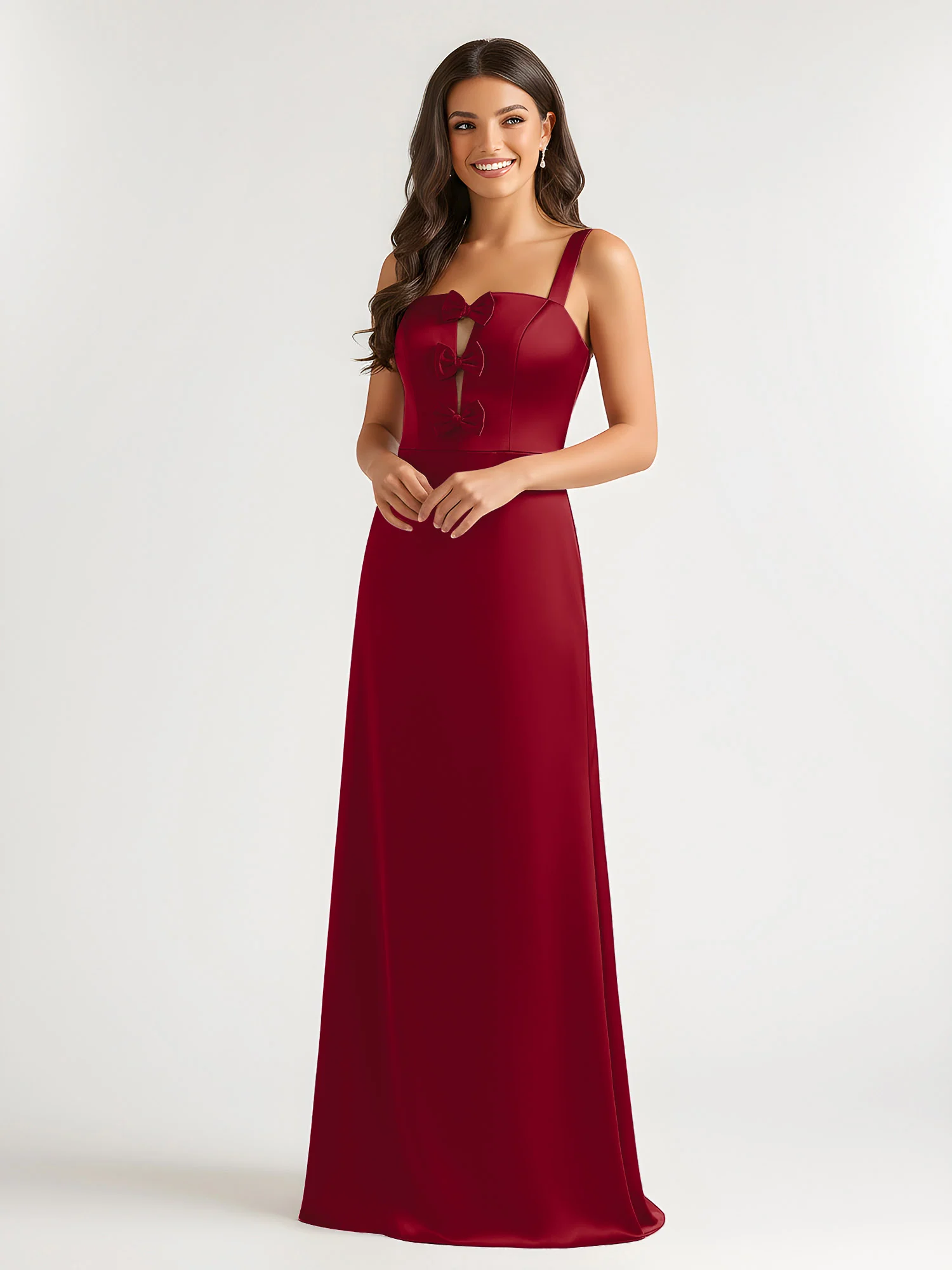 Square Neck Floor Length Open Back Bow Dresses Burgundy - Image 3