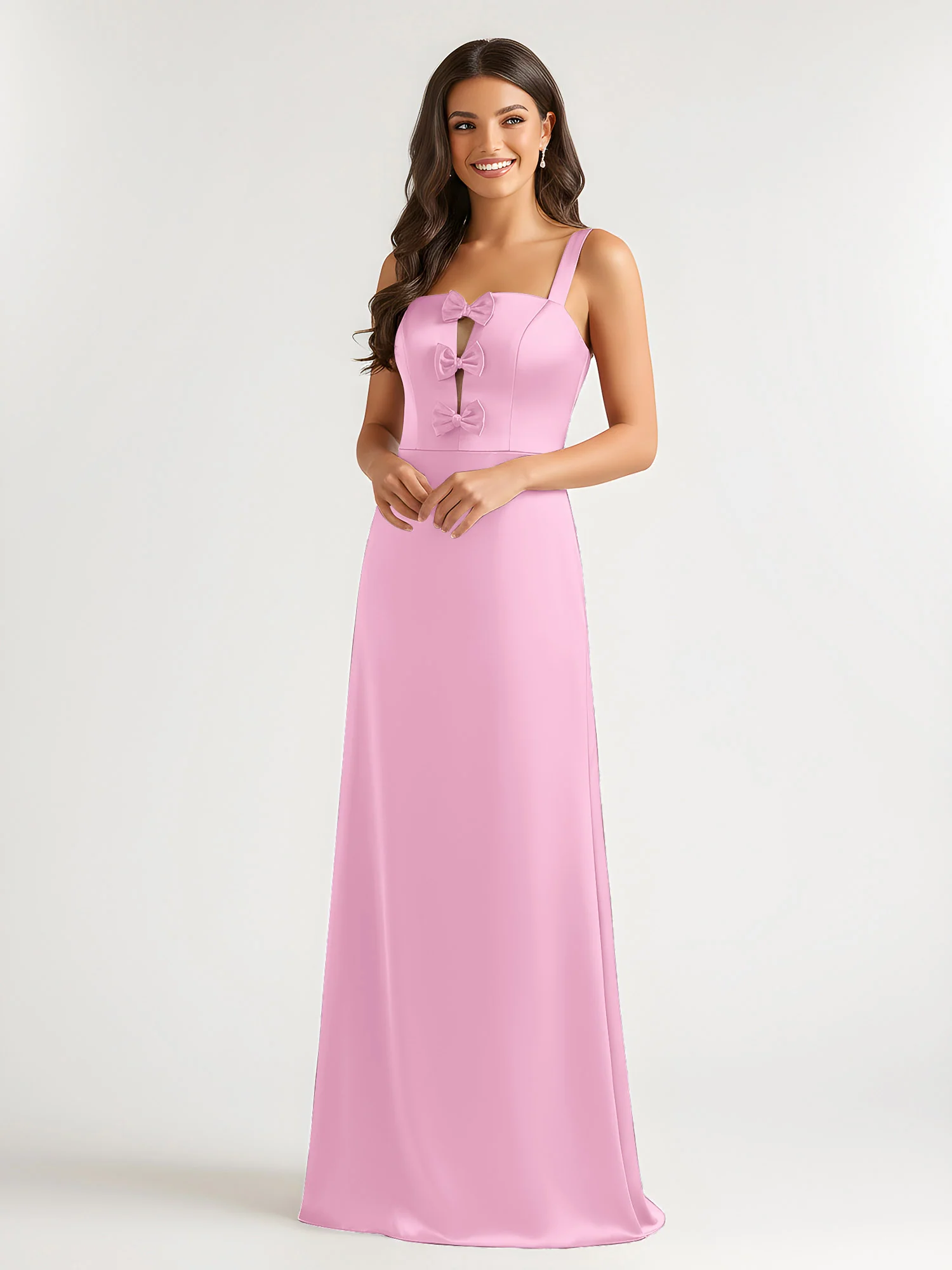 Square Neck Floor Length Open Back Bow Dresses Candy Pink - Image 3