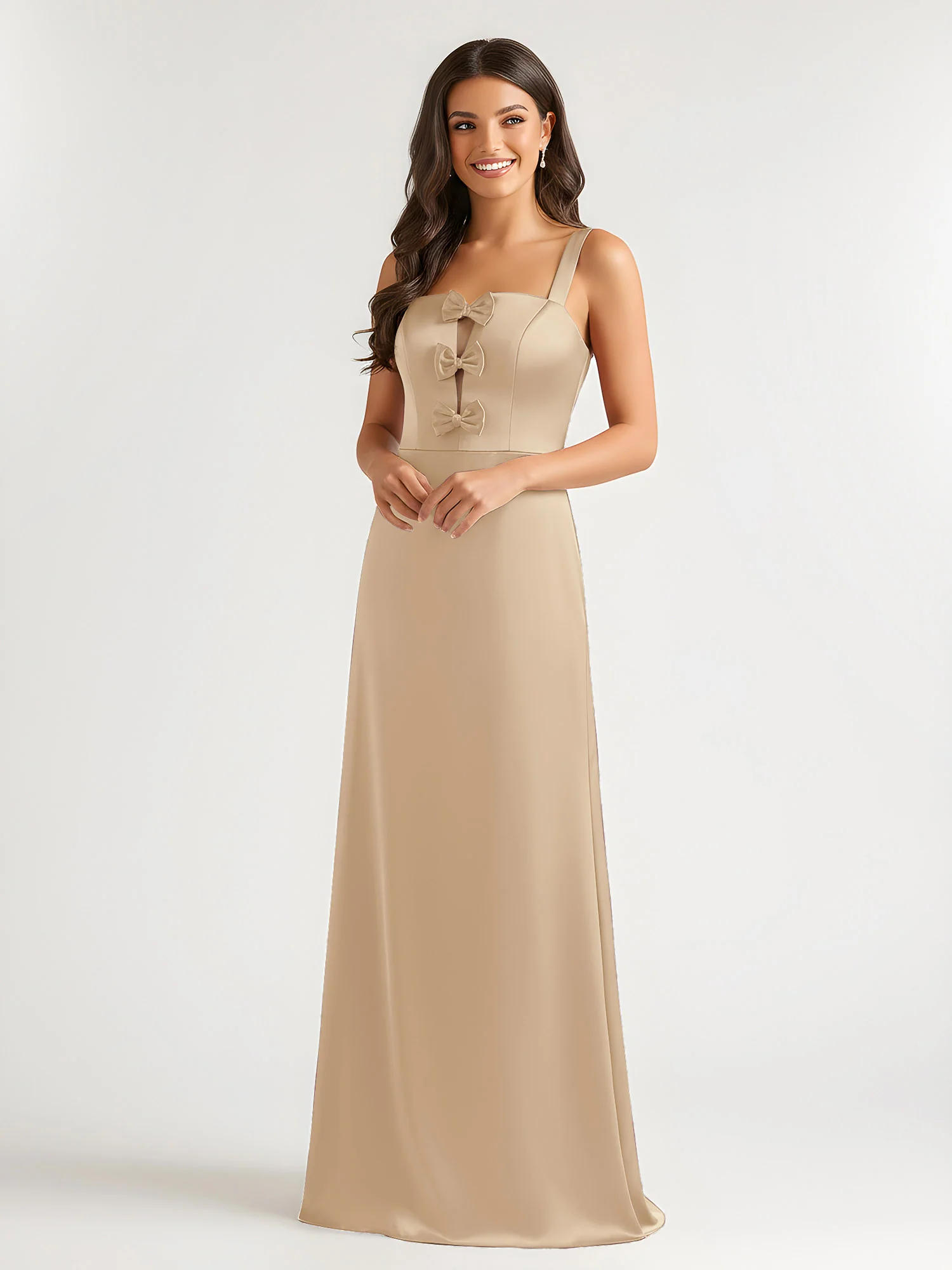 Square Neck Floor Length Open Back Bow Dresses Champagne - Image 3