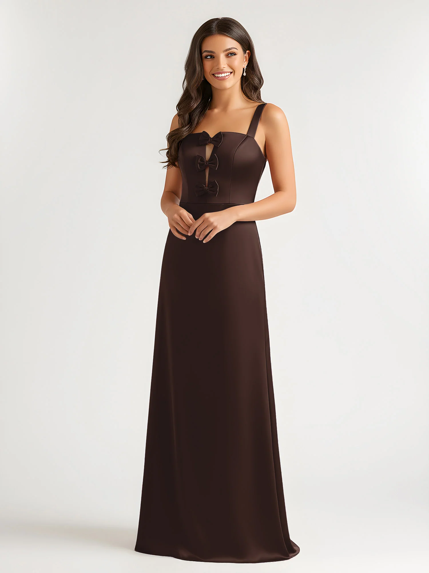 Square Neck Floor Length Open Back Bow Dresses Chocolate - Image 3