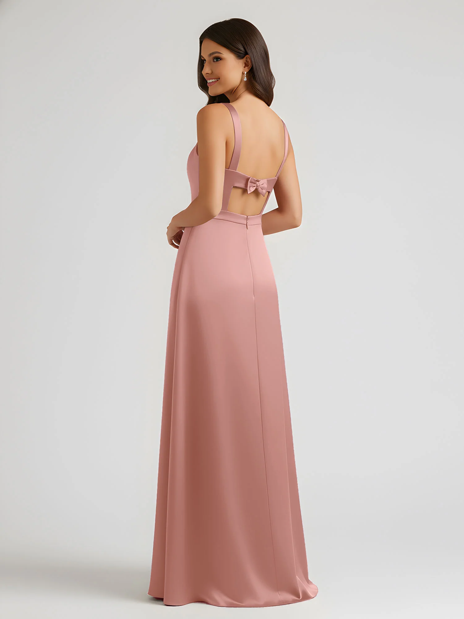 Square Neck Floor Length Open Back Bow Dresses Dusty Rose - Image 2