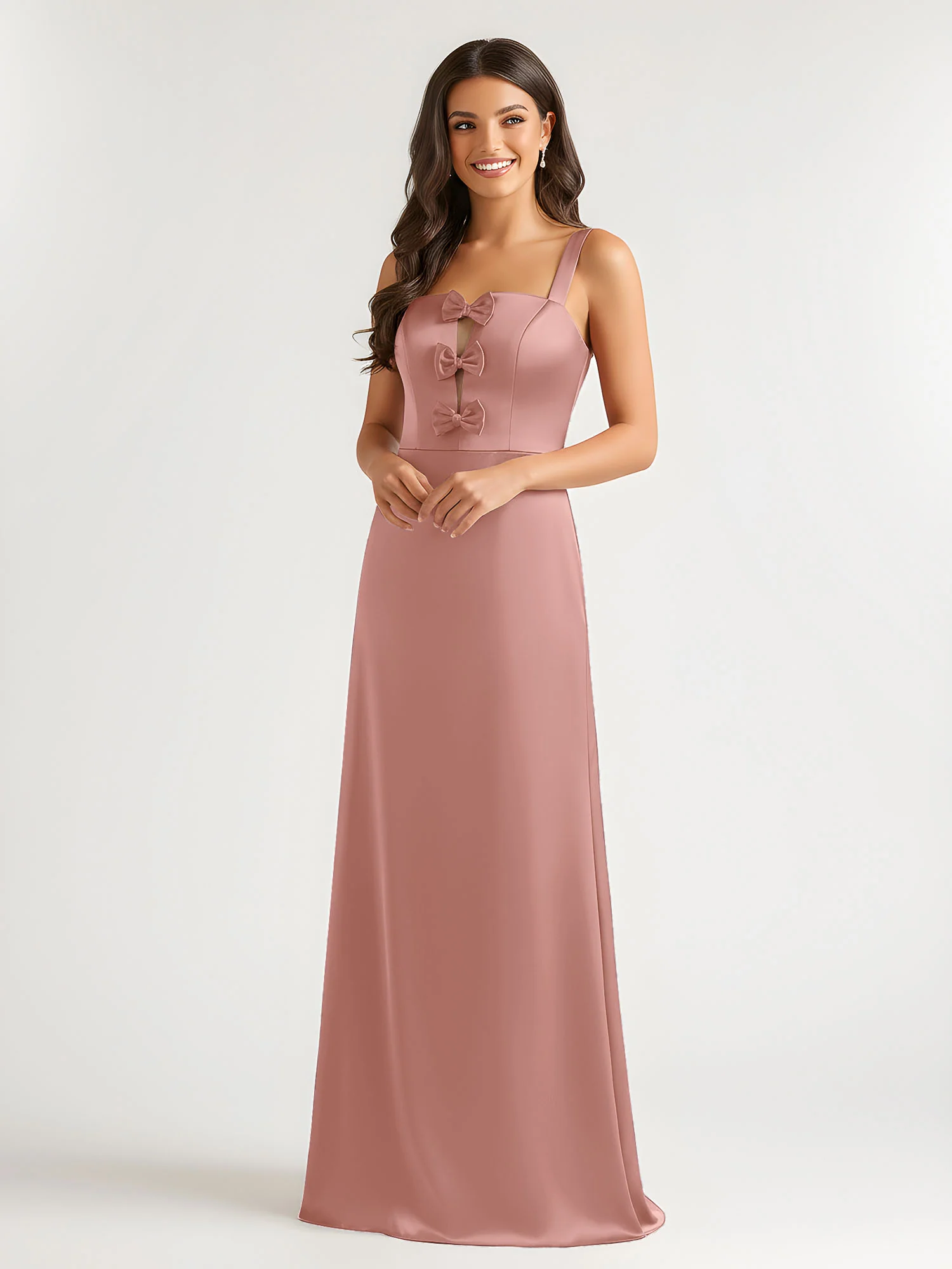 Square Neck Floor Length Open Back Bow Dresses Dusty Rose - Image 3