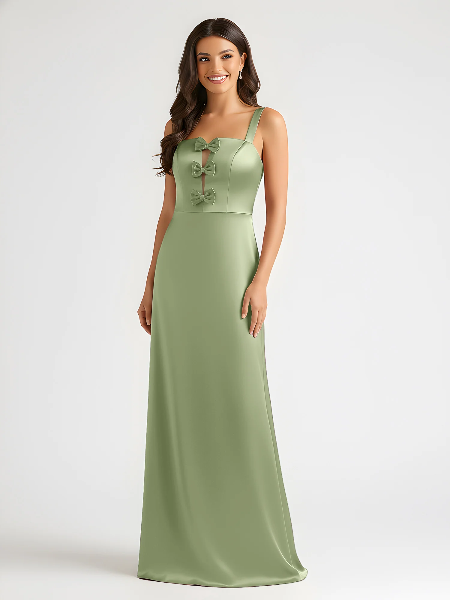 Square Neck Floor Length Open Back Bow Dresses Dusty Sage