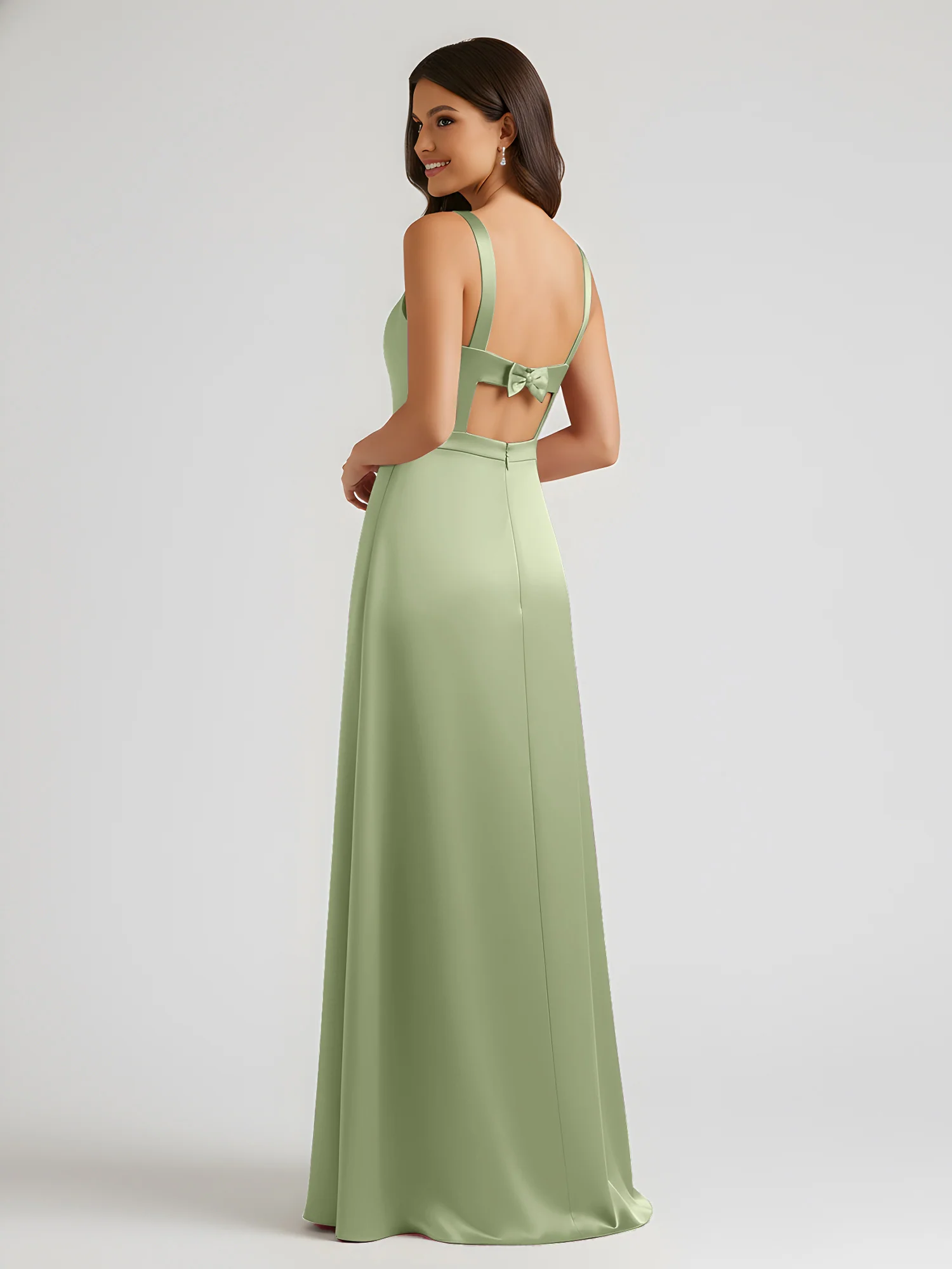 Square Neck Floor Length Open Back Bow Dresses Dusty Sage - Image 2