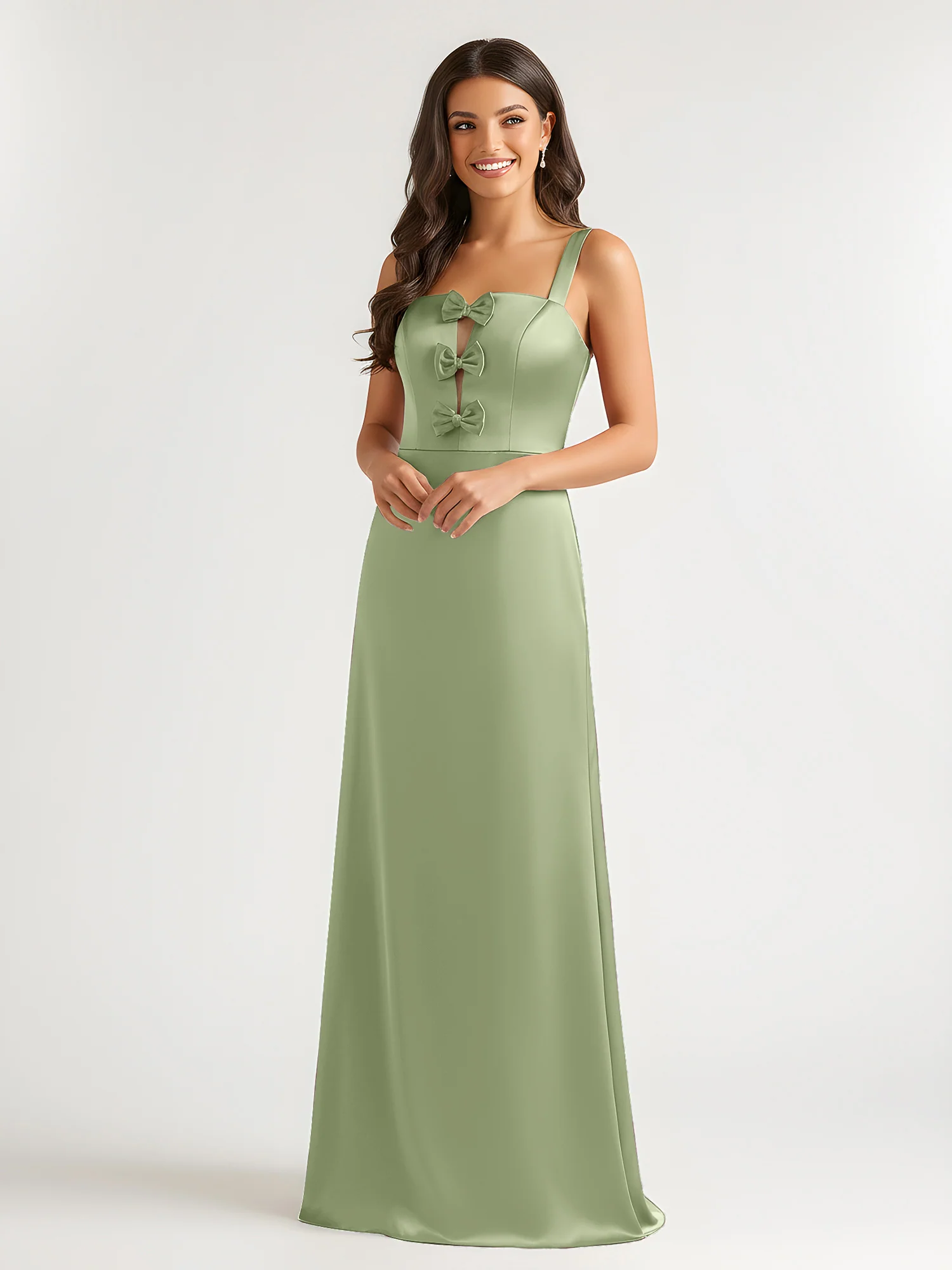 Square Neck Floor Length Open Back Bow Dresses Dusty Sage - Image 3