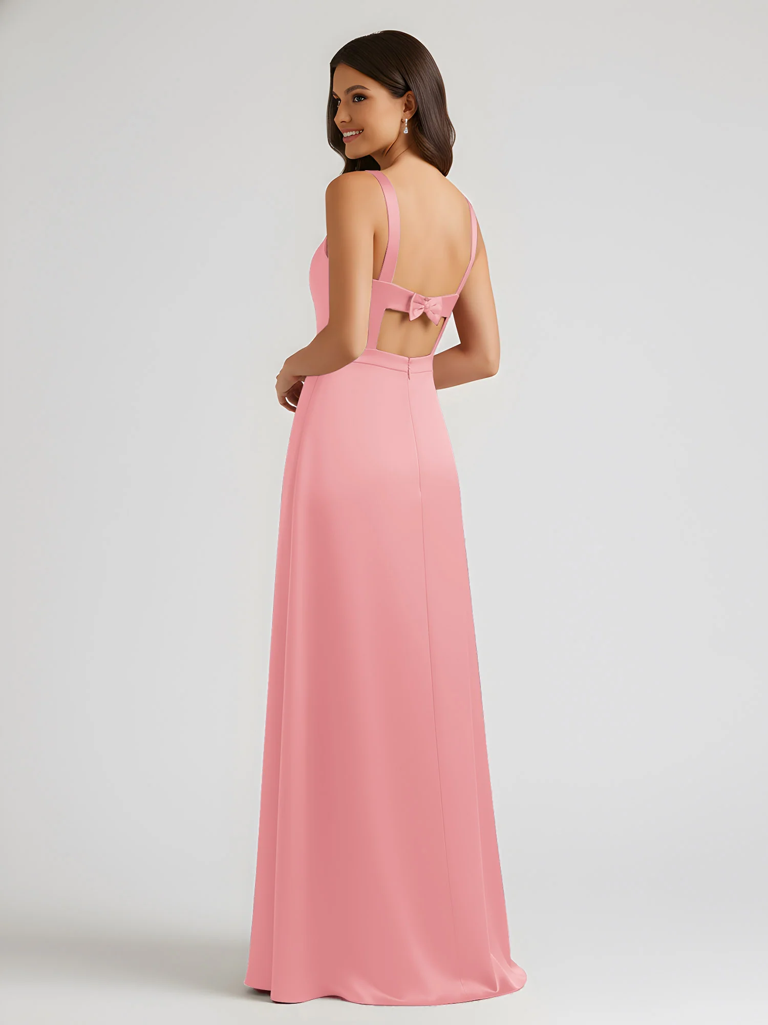 Square Neck Floor Length Open Back Bow Dresses Flamingo - Image 2
