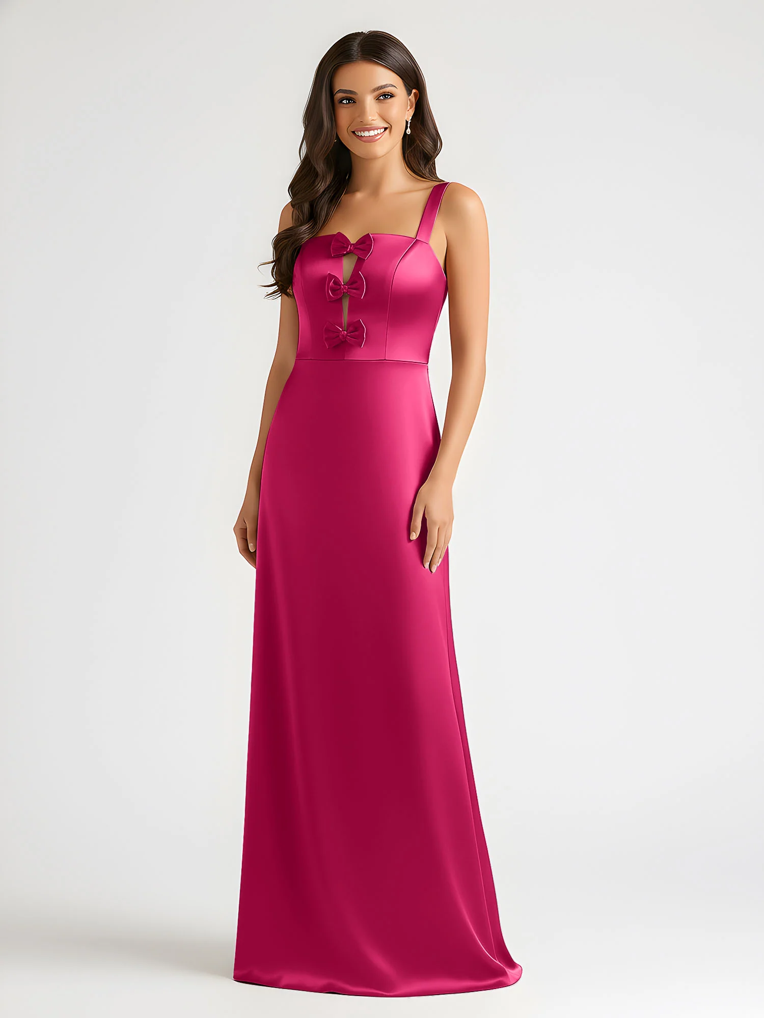 Square Neck Floor Length Open Back Bow Dresses Fuchsia