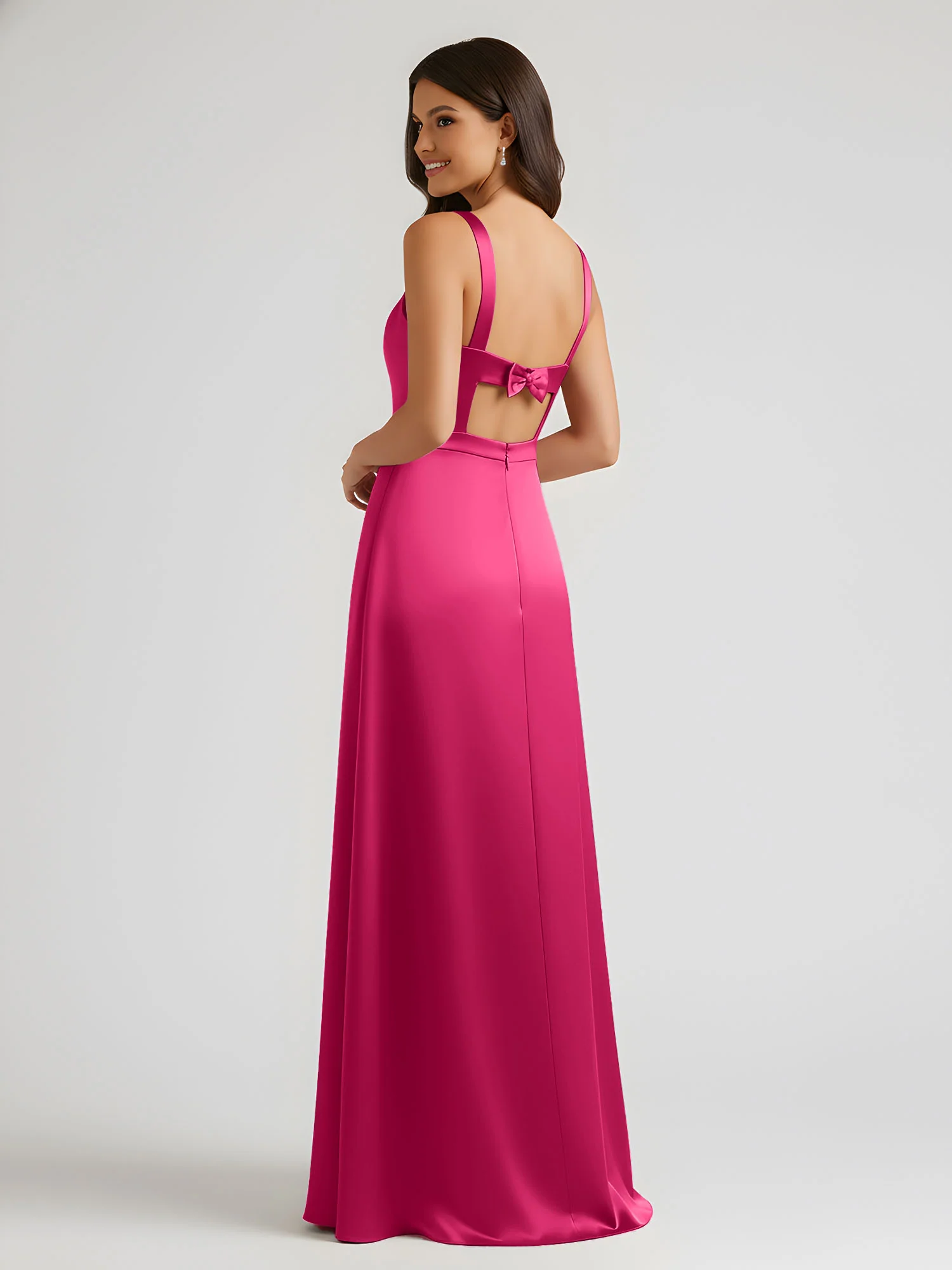 Square Neck Floor Length Open Back Bow Dresses Fuchsia - Image 2