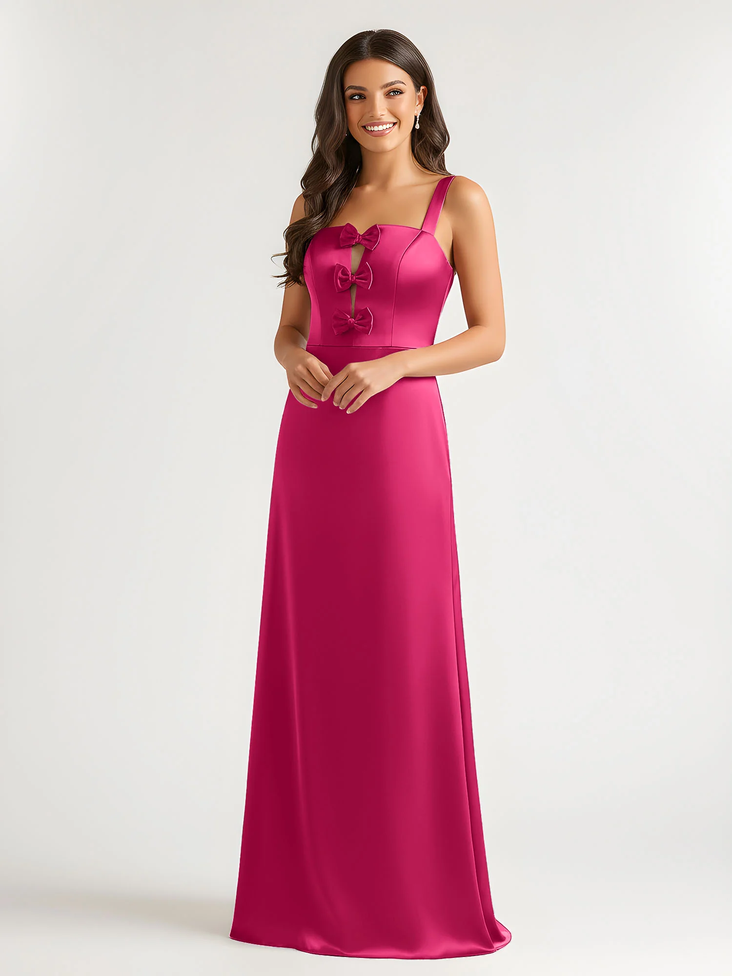 Square Neck Floor Length Open Back Bow Dresses Fuchsia - Image 3
