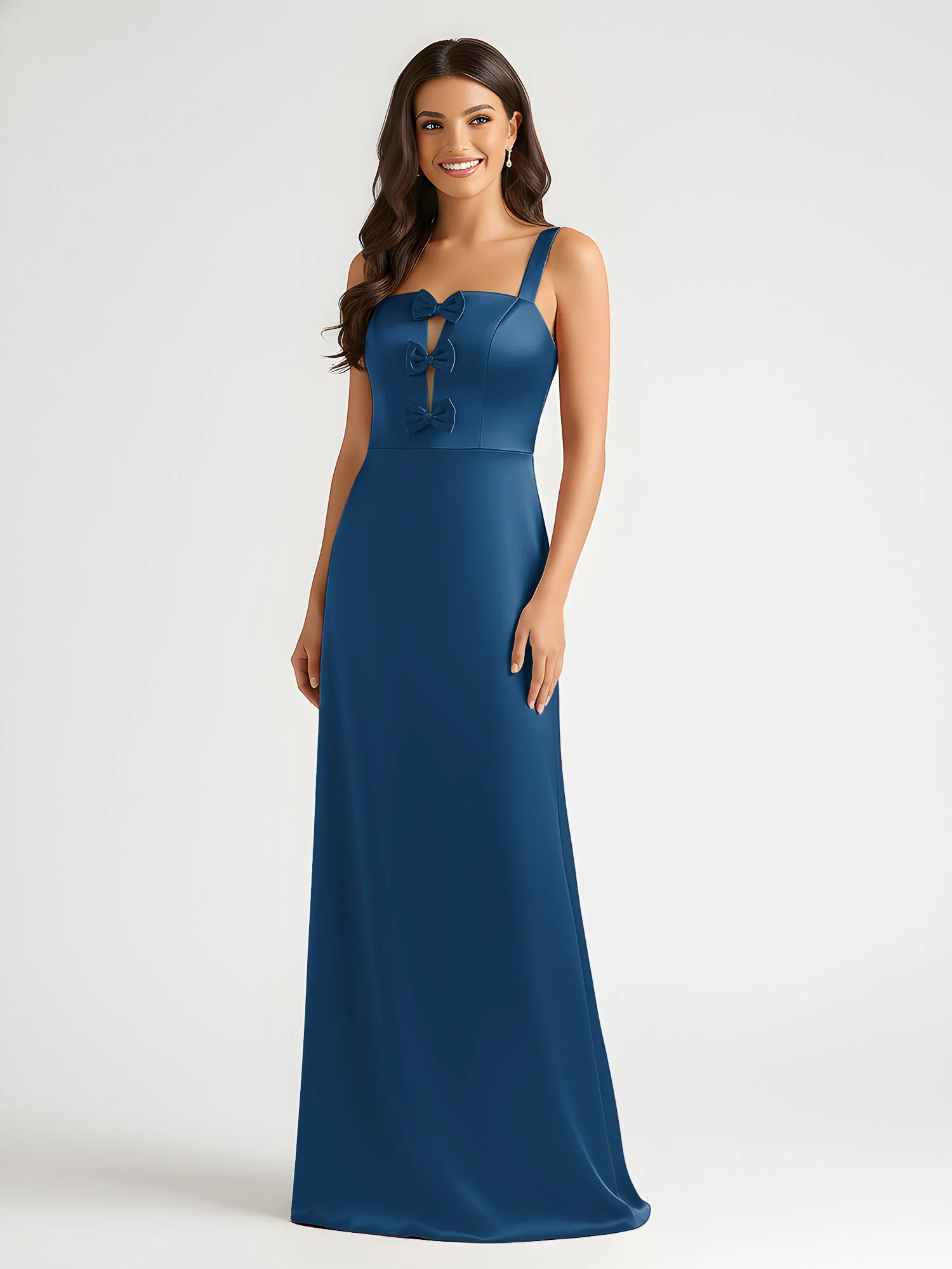 Square Neck Floor Length Open Back Bow Dresses Ink Blue