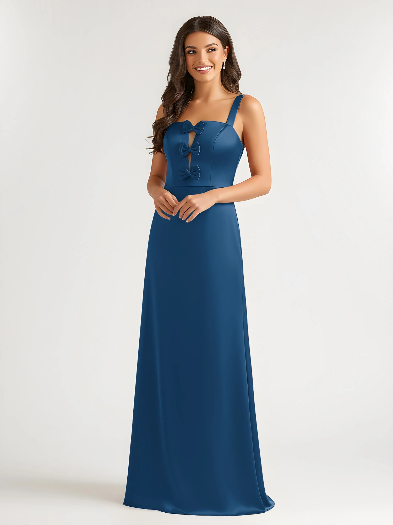 Square Neck Floor Length Open Back Bow Dresses Ink Blue - Image 3
