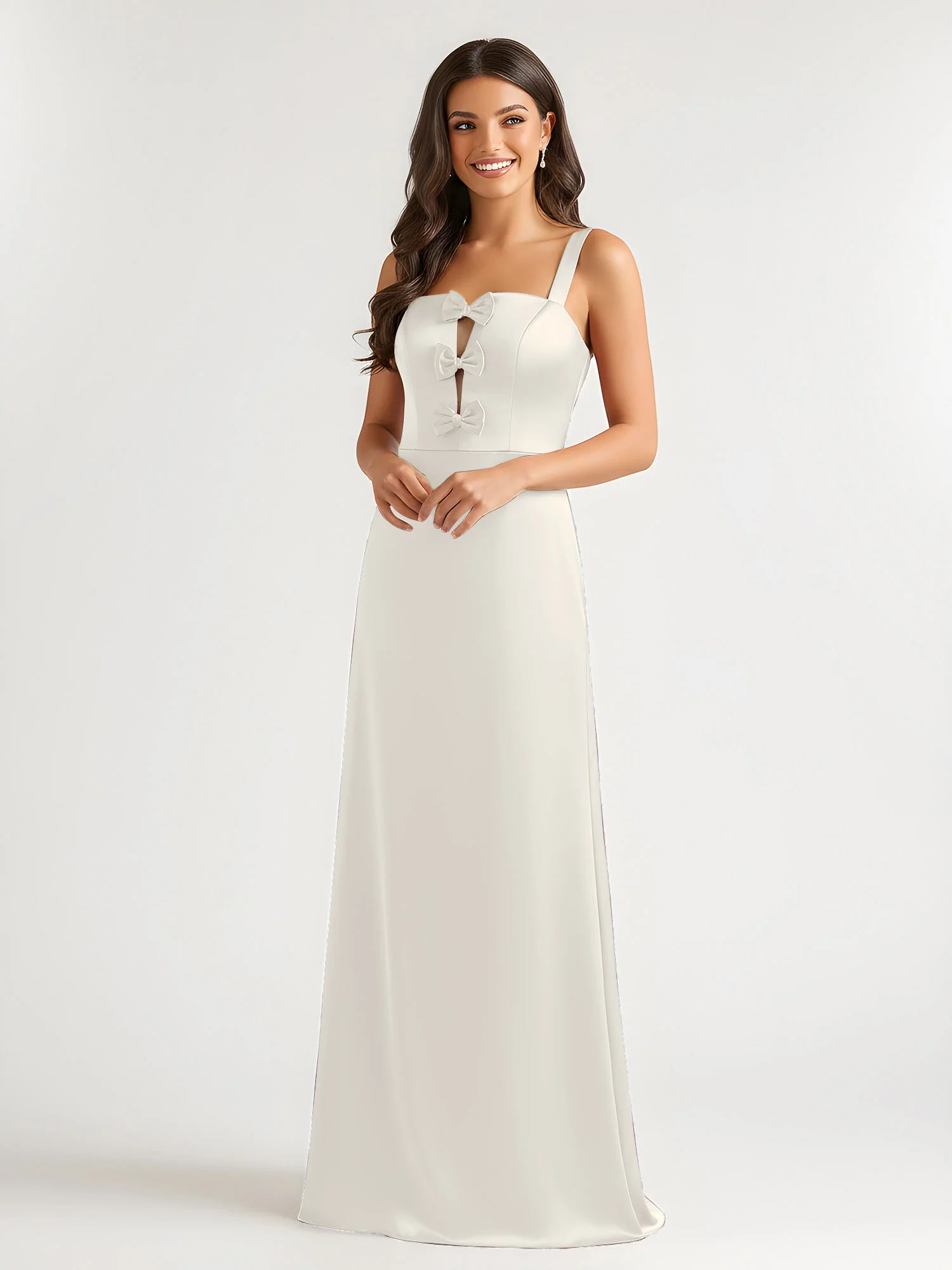 Square Neck Floor Length Open Back Bow Dresses Ivory - Image 3