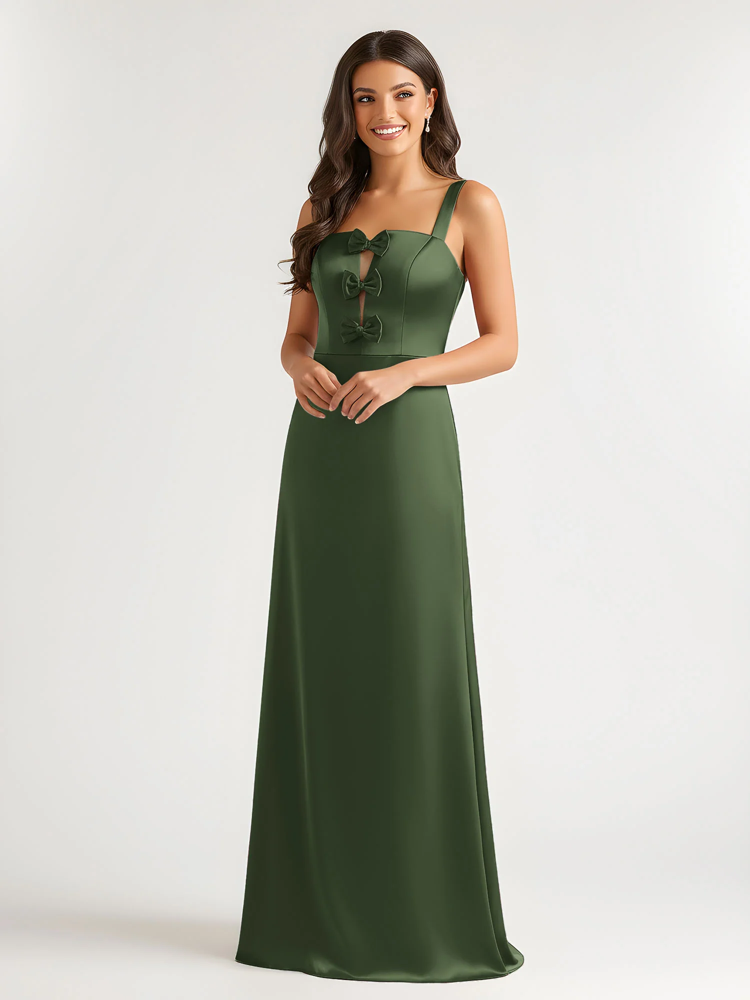 Square Neck Floor Length Open Back Bow Dresses Olive Green