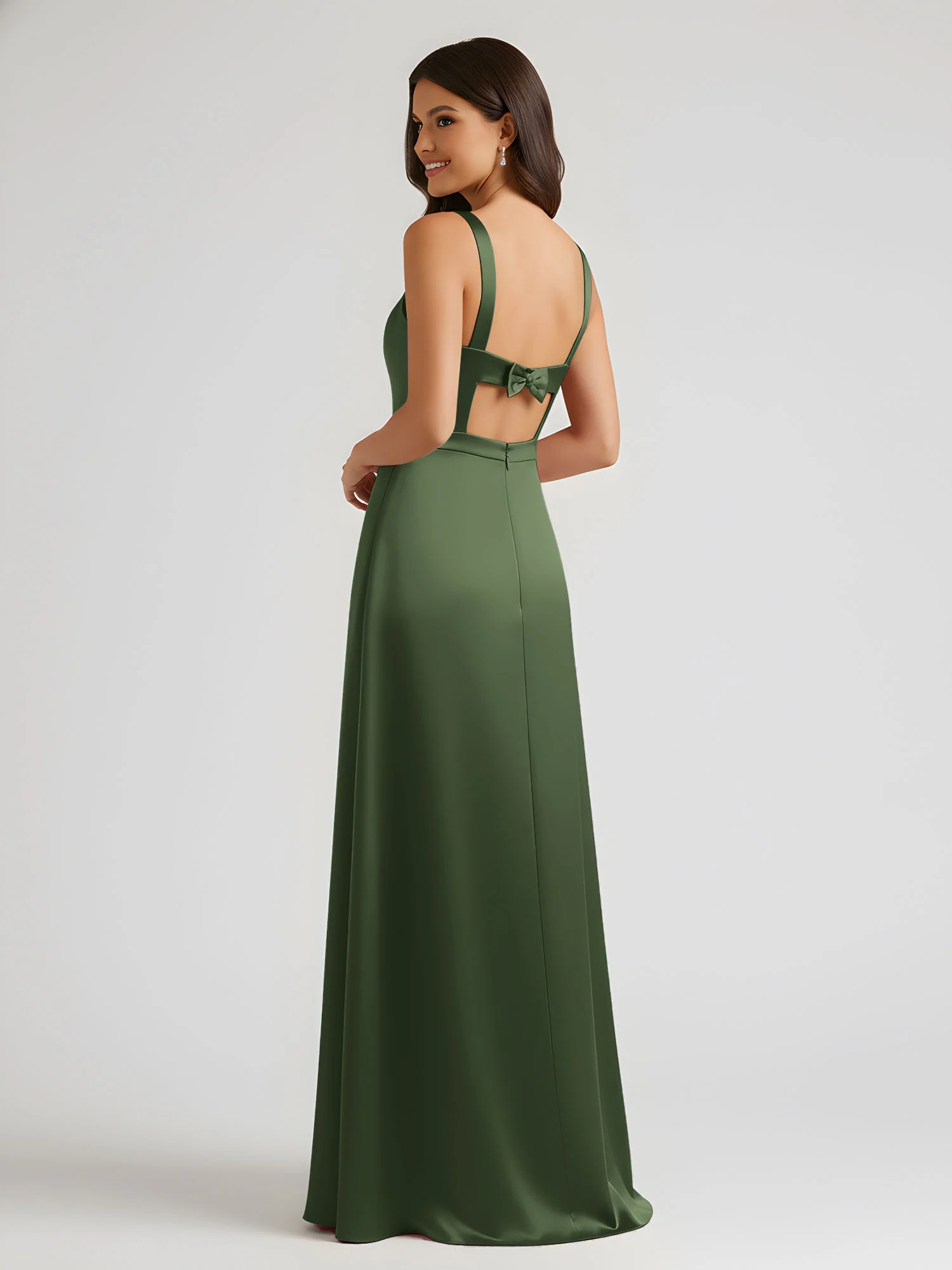 Square Neck Floor Length Open Back Bow Dresses Olive Green - Image 3