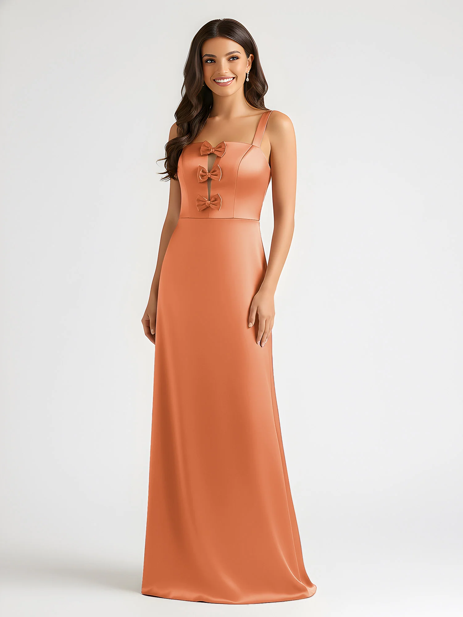 Square Neck Floor Length Open Back Bow Dresses Papaya