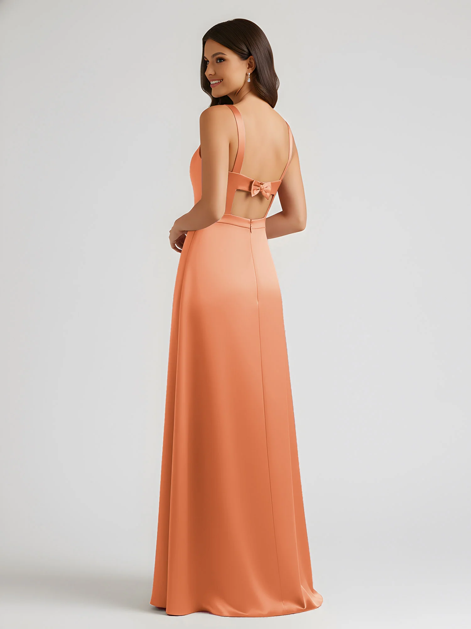 Square Neck Floor Length Open Back Bow Dresses Papaya - Image 2