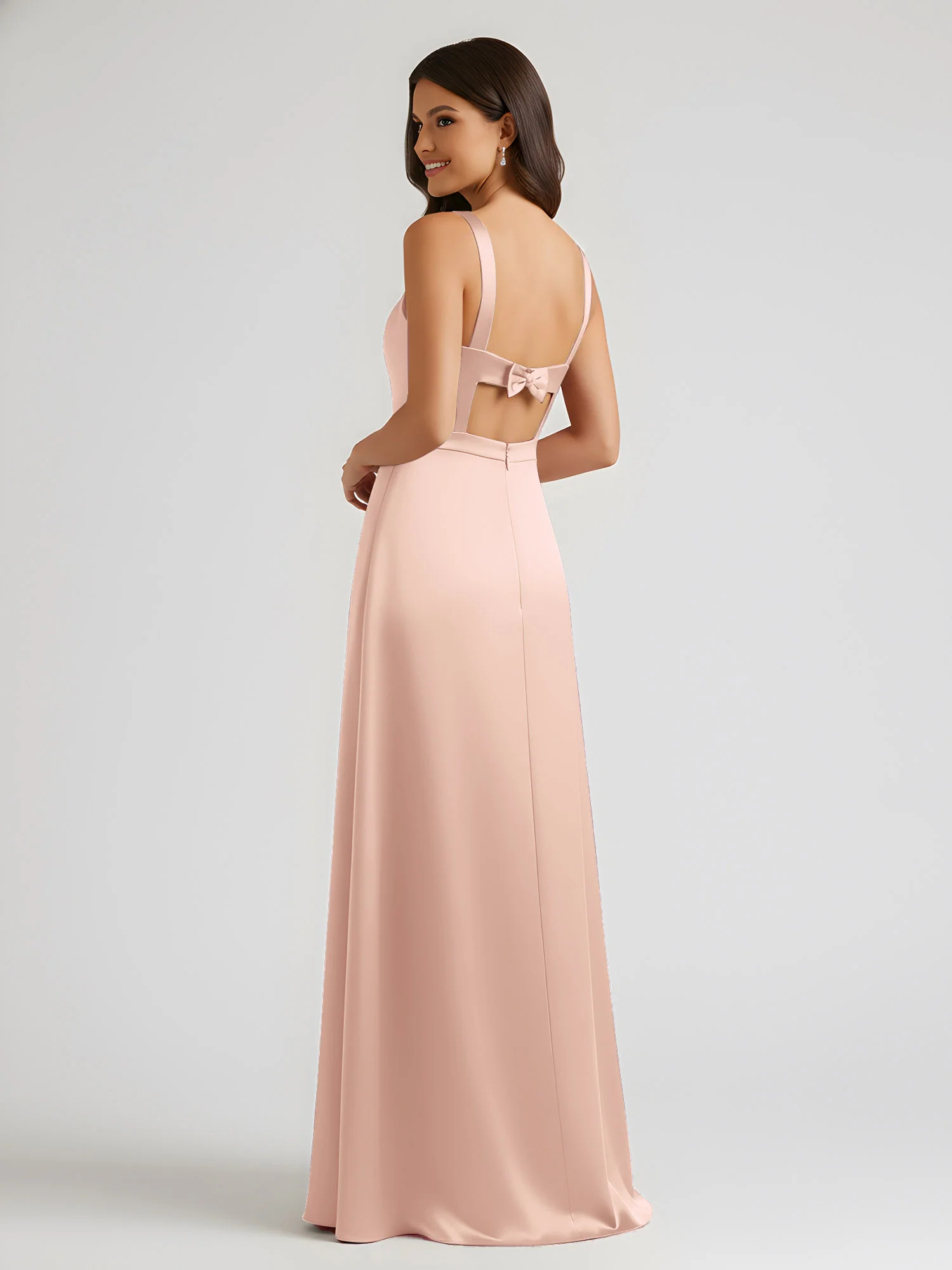 Square Neck Floor Length Open Back Bow Dresses Pearl Pink - Image 2