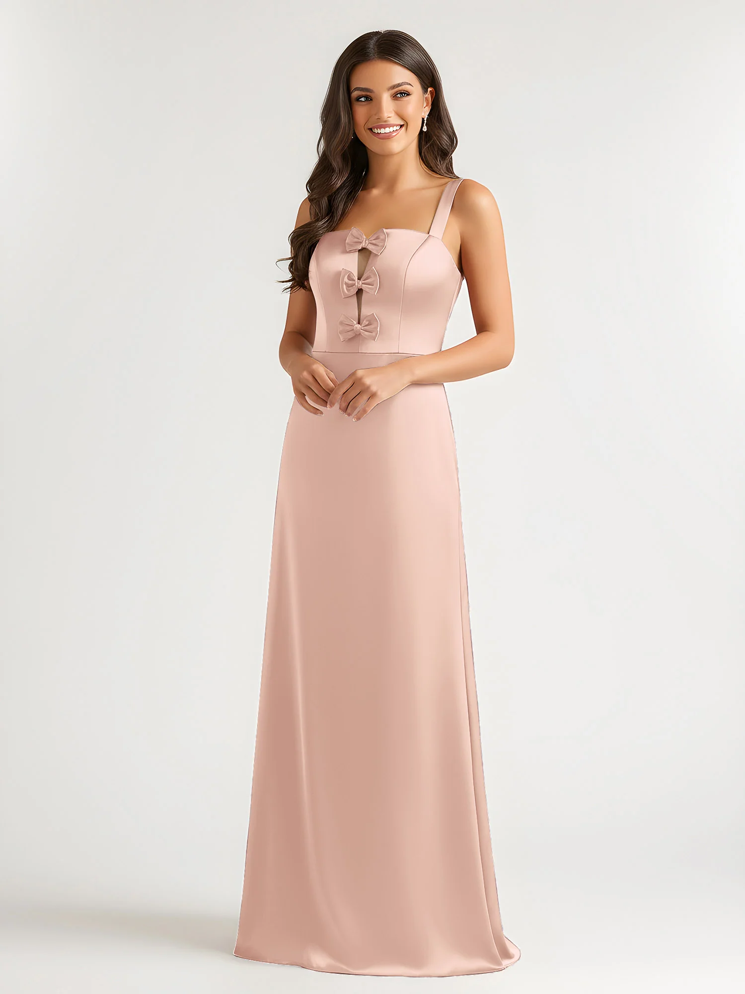 Square Neck Floor Length Open Back Bow Dresses Pearl Pink - Image 3