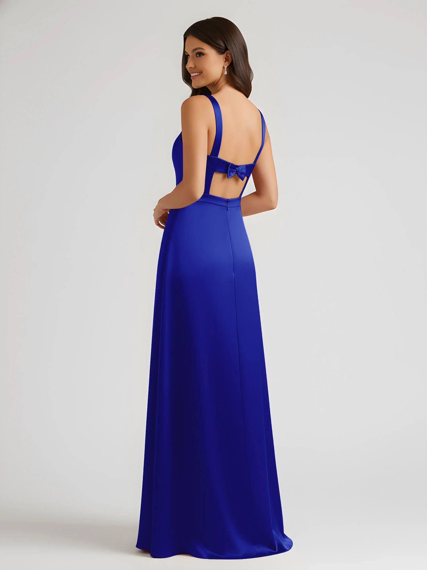 Square Neck Floor Length Open Back Bow Dresses Royal Blue - Image 2