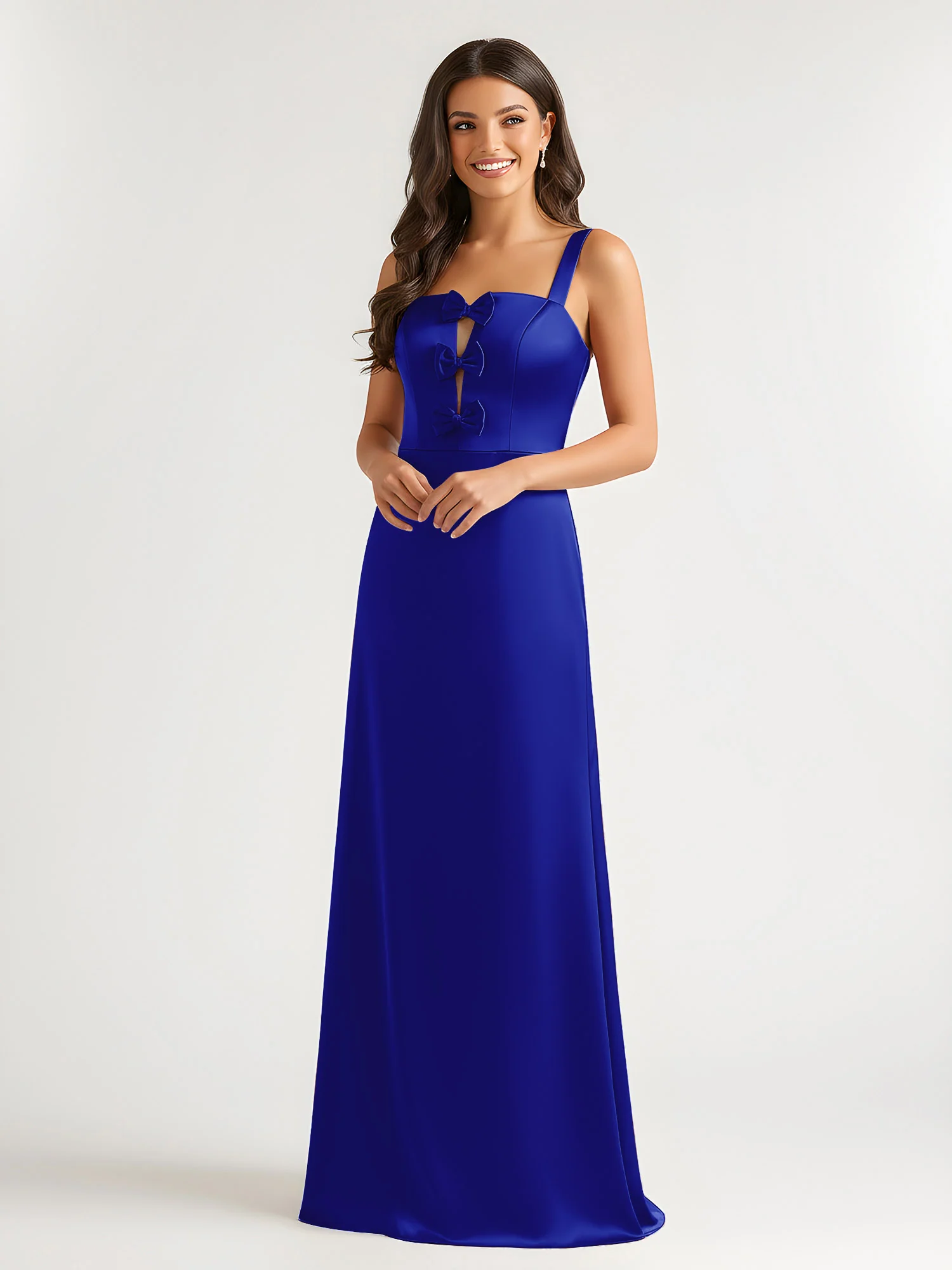 Square Neck Floor Length Open Back Bow Dresses Royal Blue - Image 3