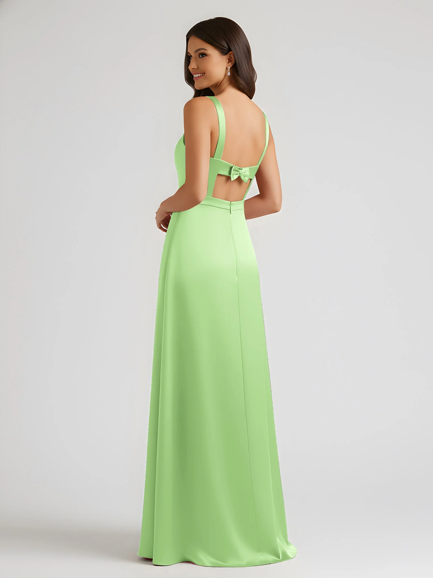Square Neck Floor Length Open Back Bow Dresses Sage - Image 2