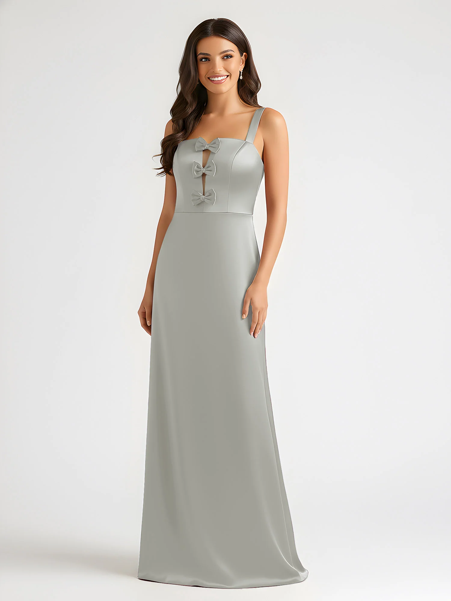 Square Neck Floor Length Open Back Bow Dresses Silver