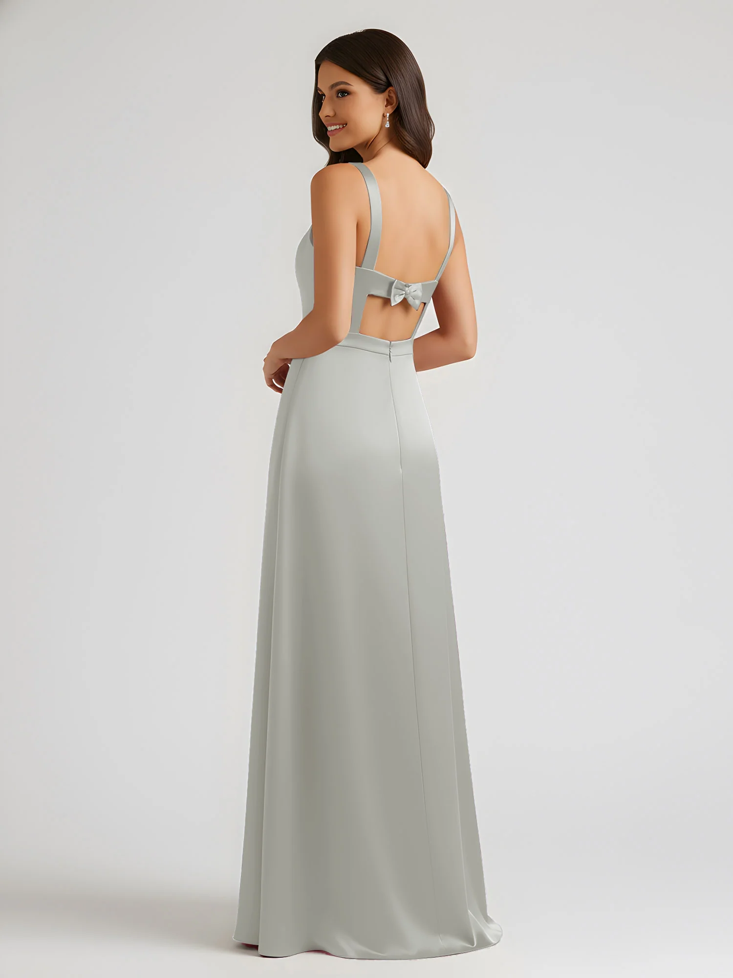 Square Neck Floor Length Open Back Bow Dresses Silver - Image 2