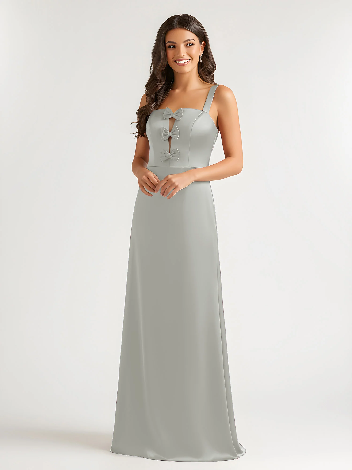 Square Neck Floor Length Open Back Bow Dresses Silver - Image 3