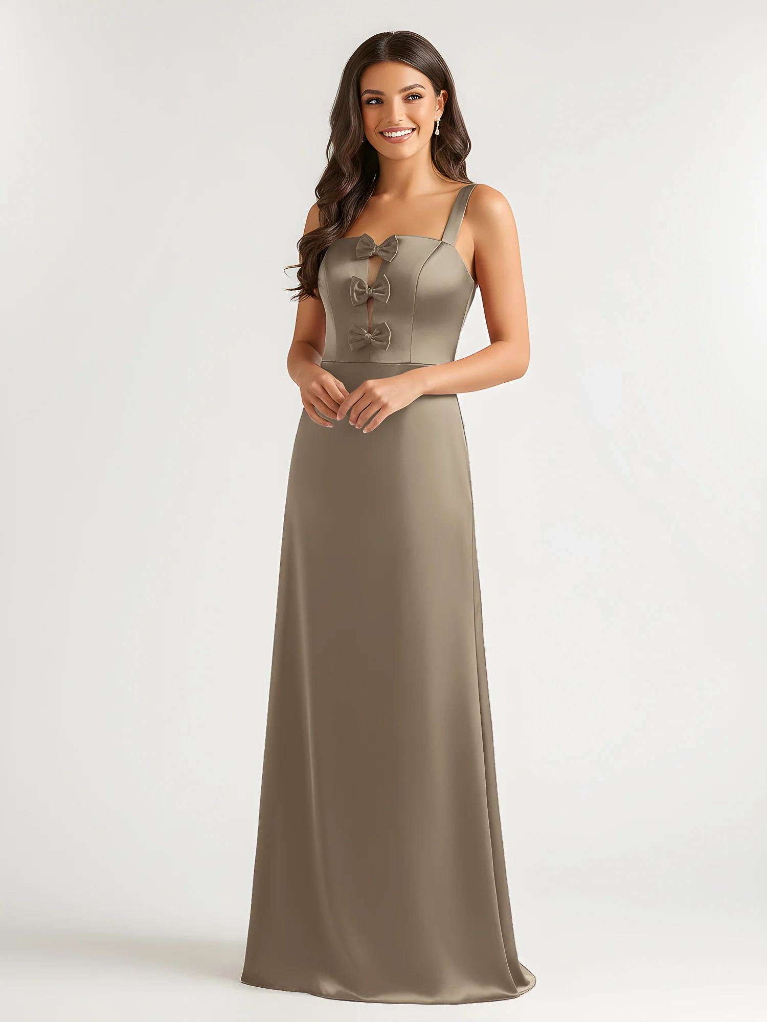 Square Neck Floor Length Open Back Bow Dresses Taupe - Image 3
