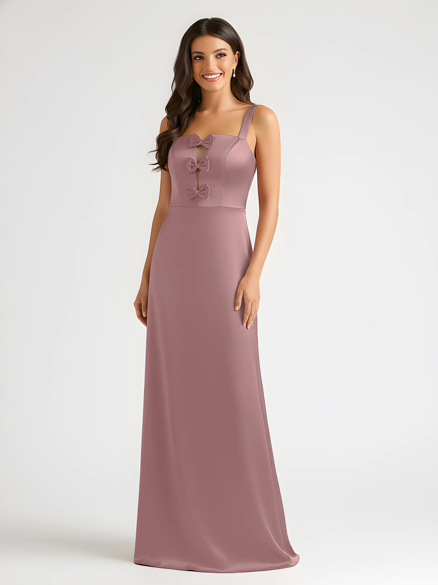 Square Neck Floor Length Open Back Bow Dresses Vintage Mauve