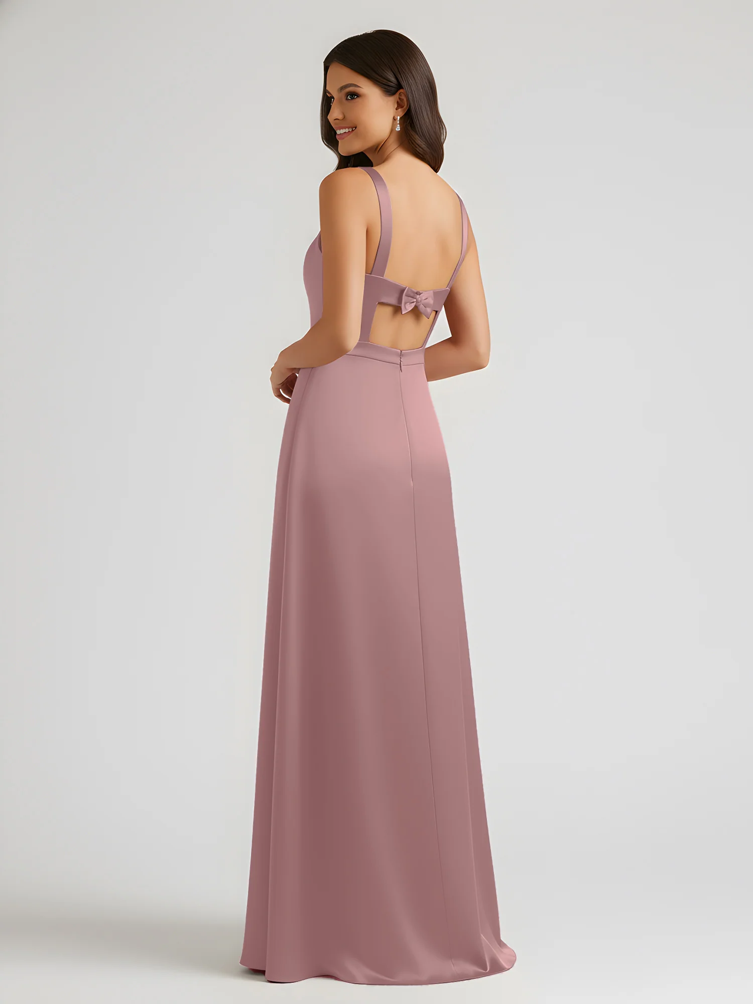 Square Neck Floor Length Open Back Bow Dresses Vintage Mauve - Image 2
