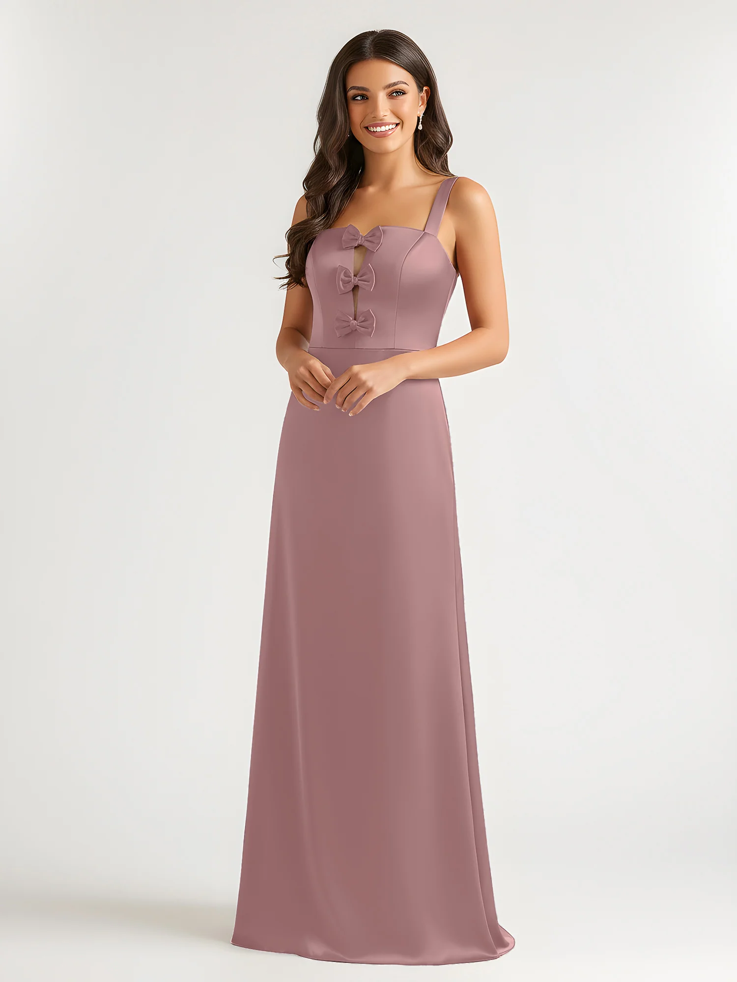 Square Neck Floor Length Open Back Bow Dresses Vintage Mauve - Image 3