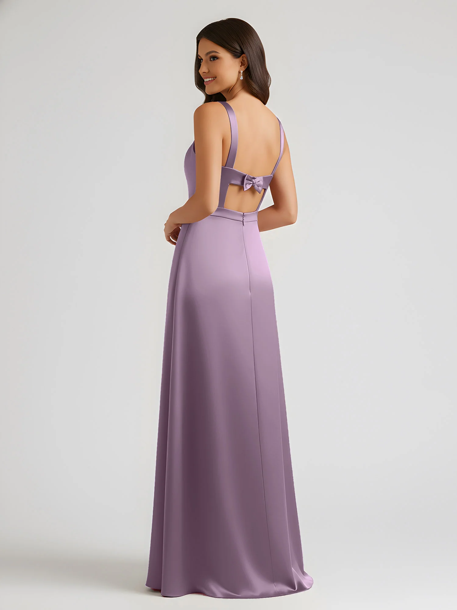 Square Neck Floor Length Open Back Bow Dresses Wisteria - Image 2