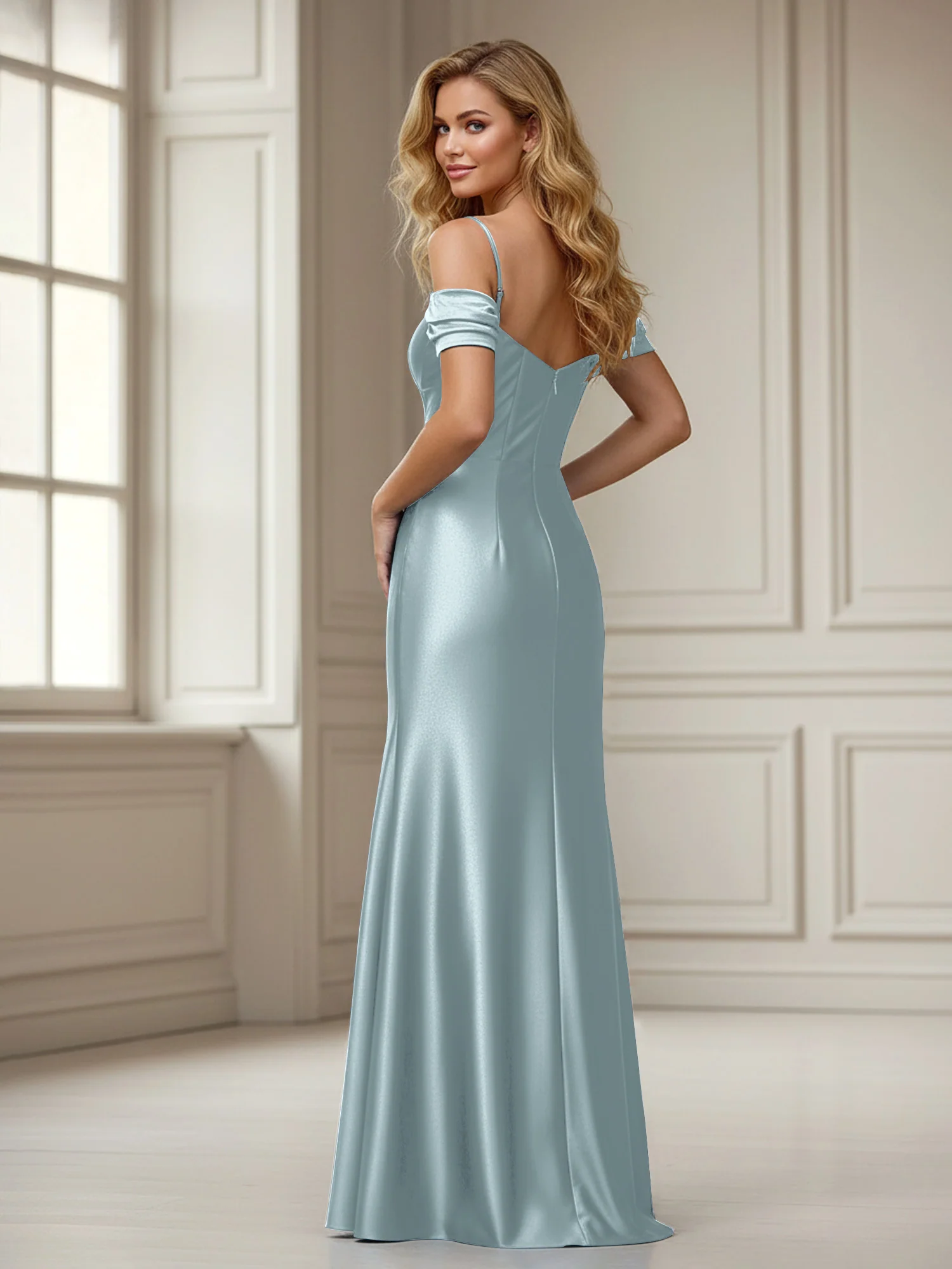 Off-the-shoulder Sheath Floor-length Dress With Slit Dusty Blue - Image 2