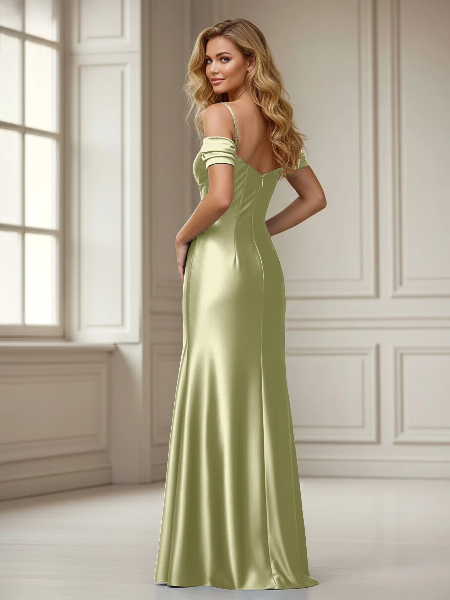 Off-the-shoulder Sheath Floor-length Dress With Slit Dusty Sage - Image 2