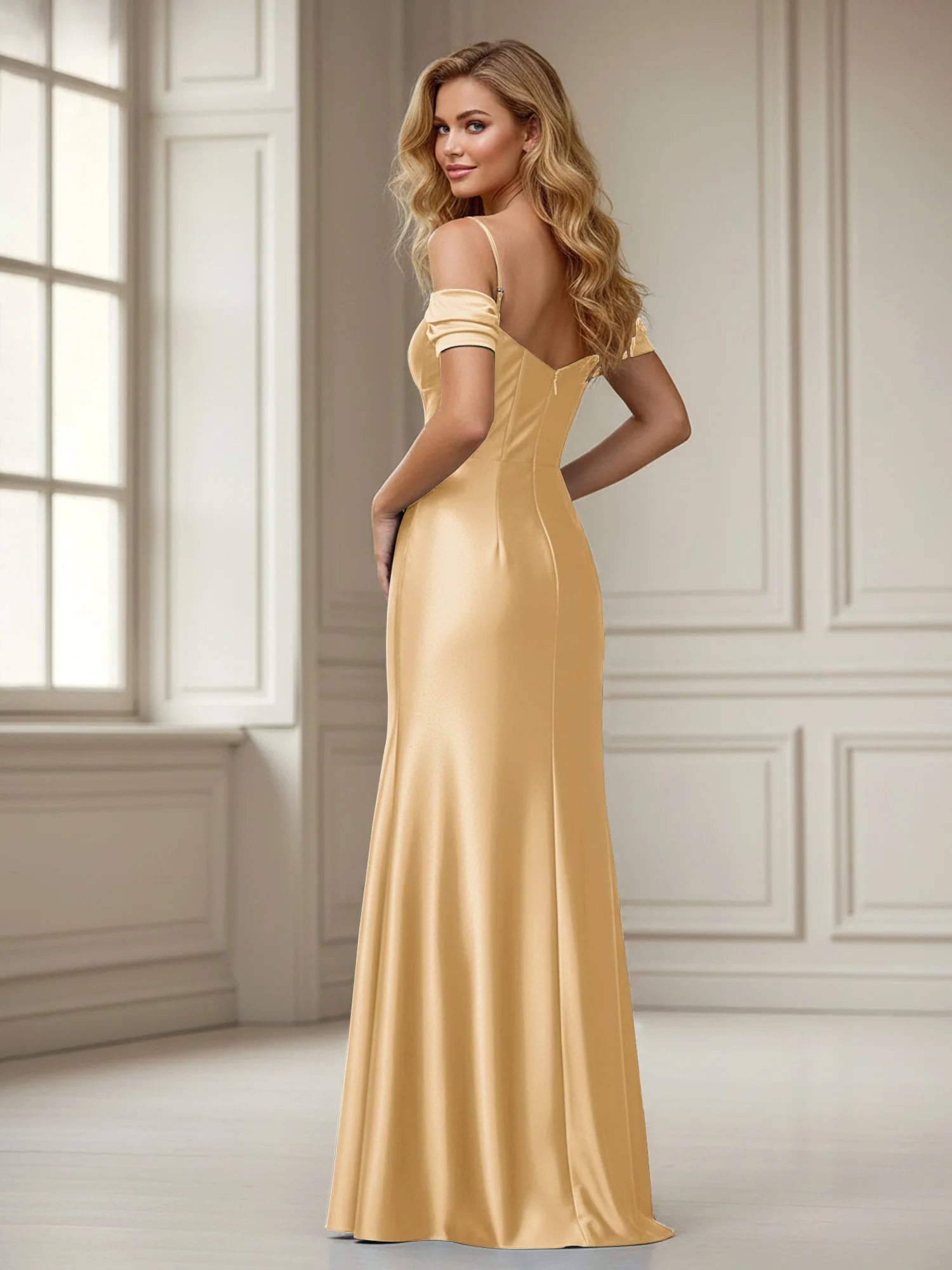 Off-the-shoulder Sheath Floor-length Dress With Slit Gold - Image 2